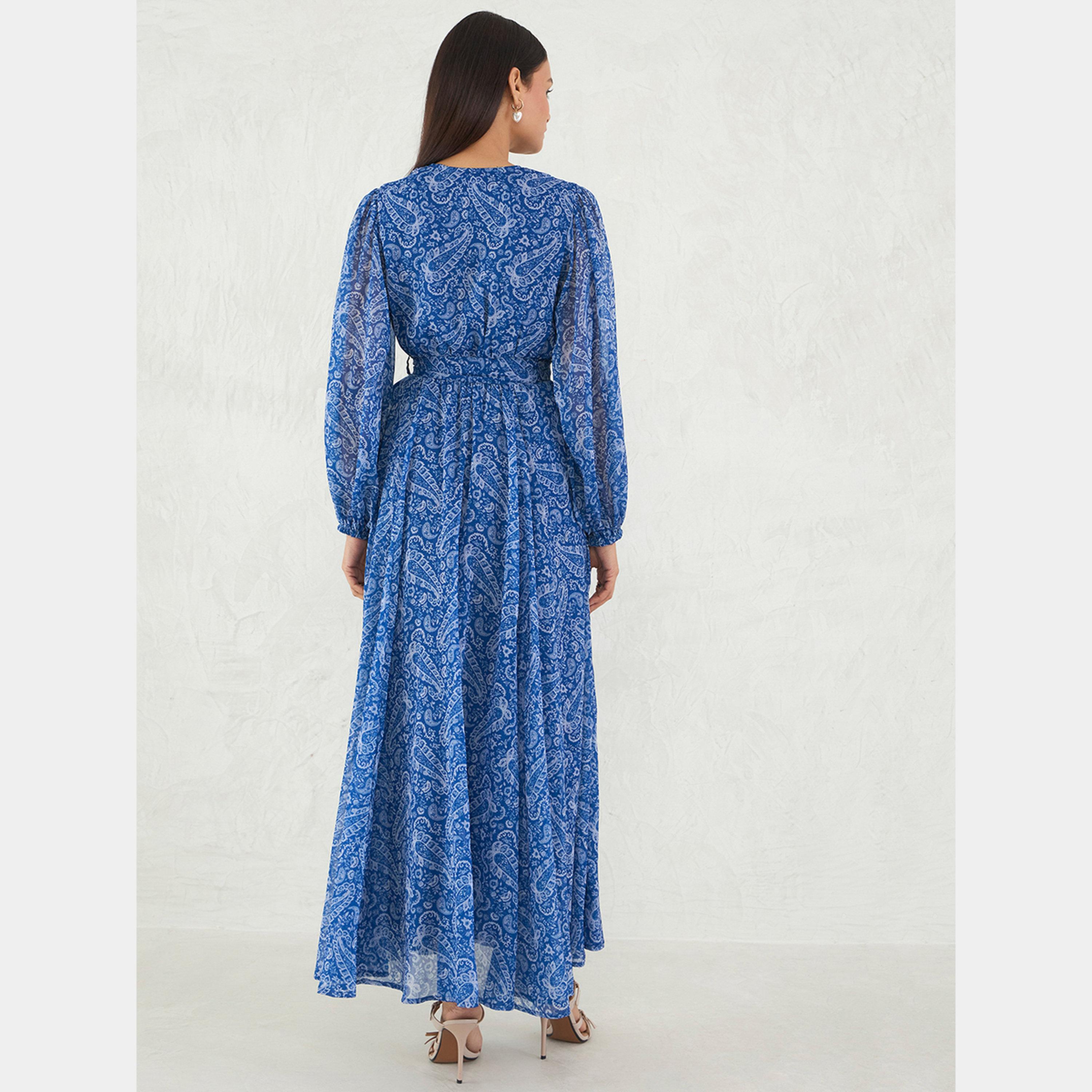 Femmella Blue Paisley Print V-Neck Long Sleeves Women's Wrap Maxi Dress-women-clothing-dresses-image-2