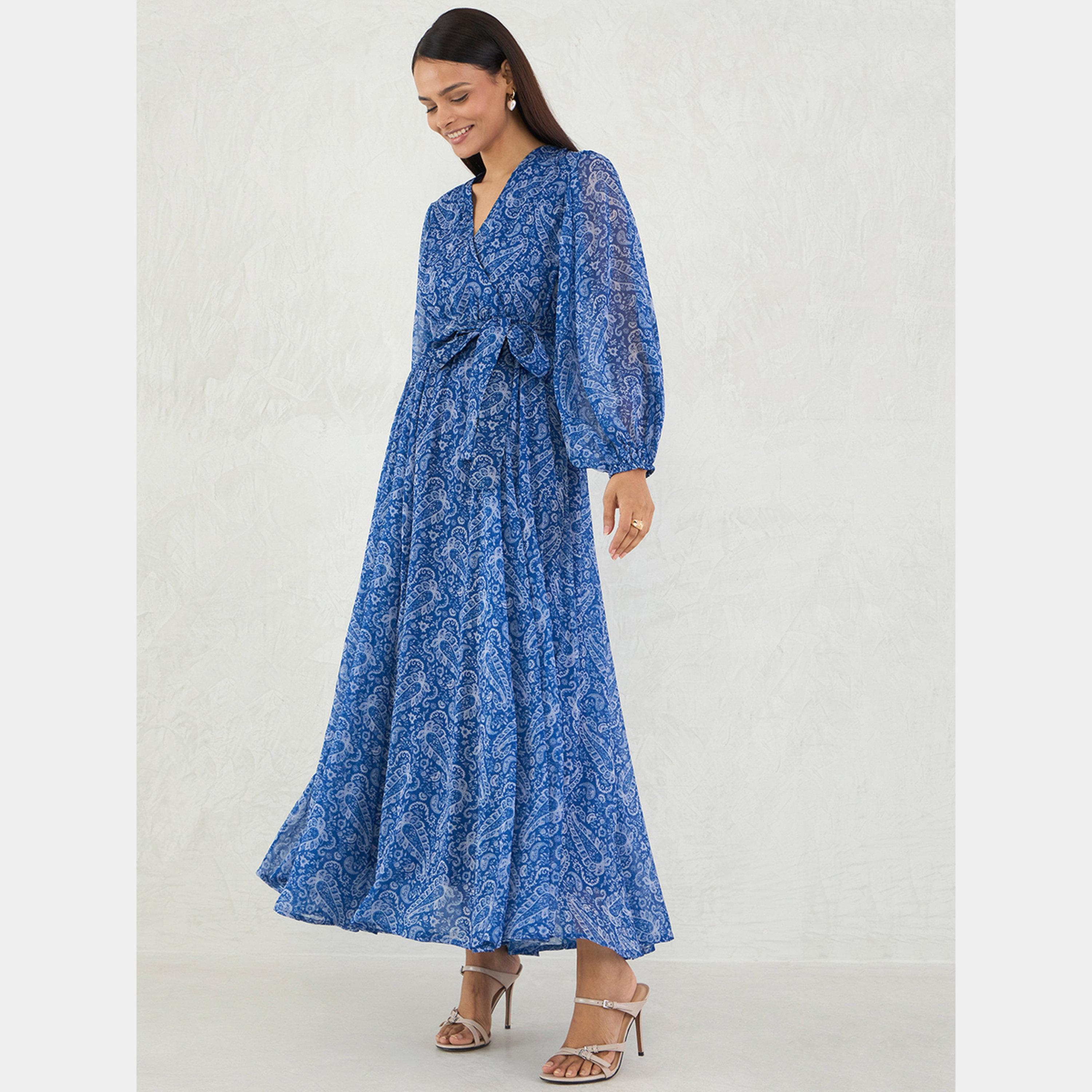 Femmella Blue Paisley Print V-Neck Long Sleeves Women's Wrap Maxi Dress-women-clothing-dresses-image-3