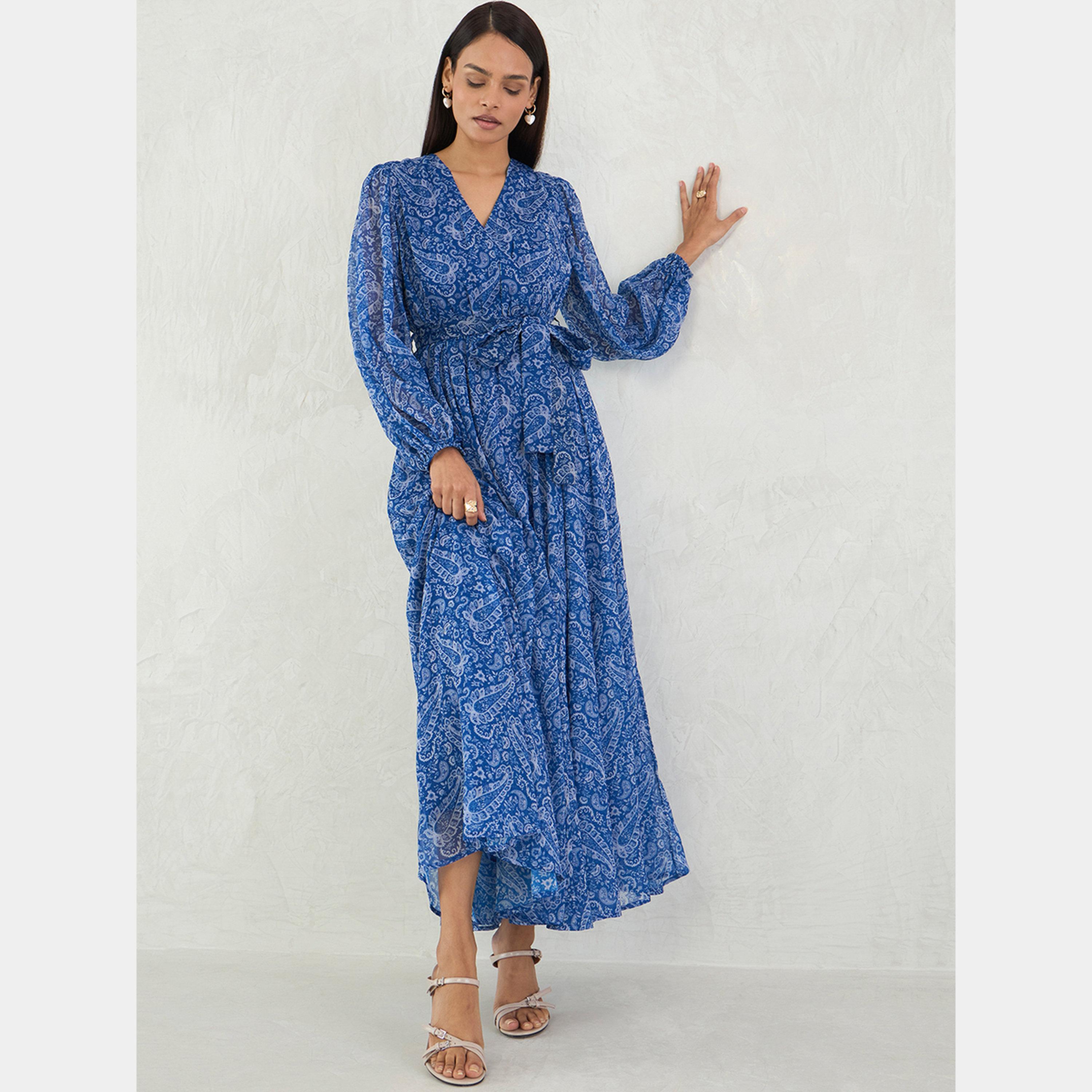 Femmella Blue Paisley Print V-Neck Long Sleeves Women's Wrap Maxi Dress-women-clothing-dresses-image-4