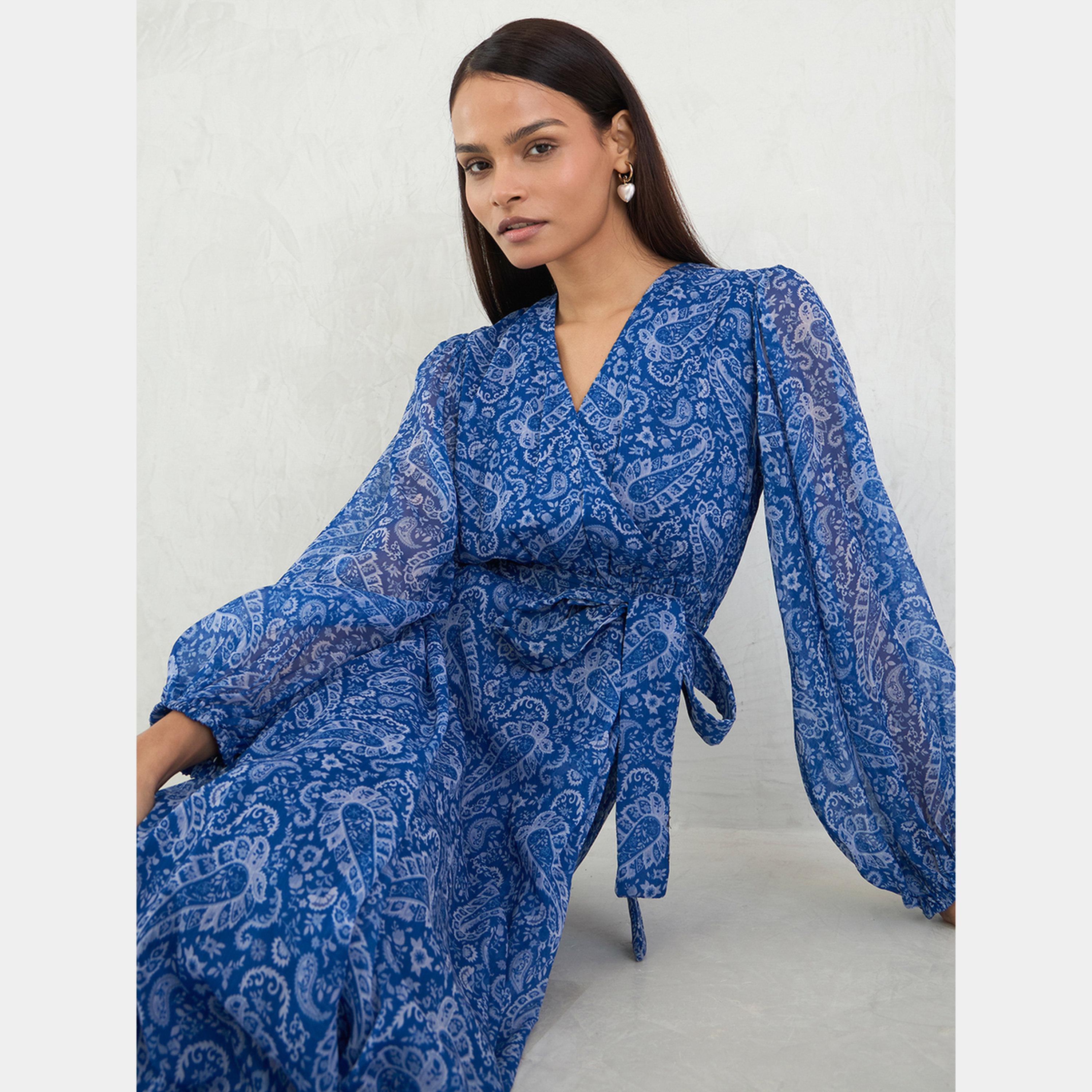Femmella Blue Paisley Print V-Neck Long Sleeves Women's Wrap Maxi Dress-women-clothing-dresses-image-5