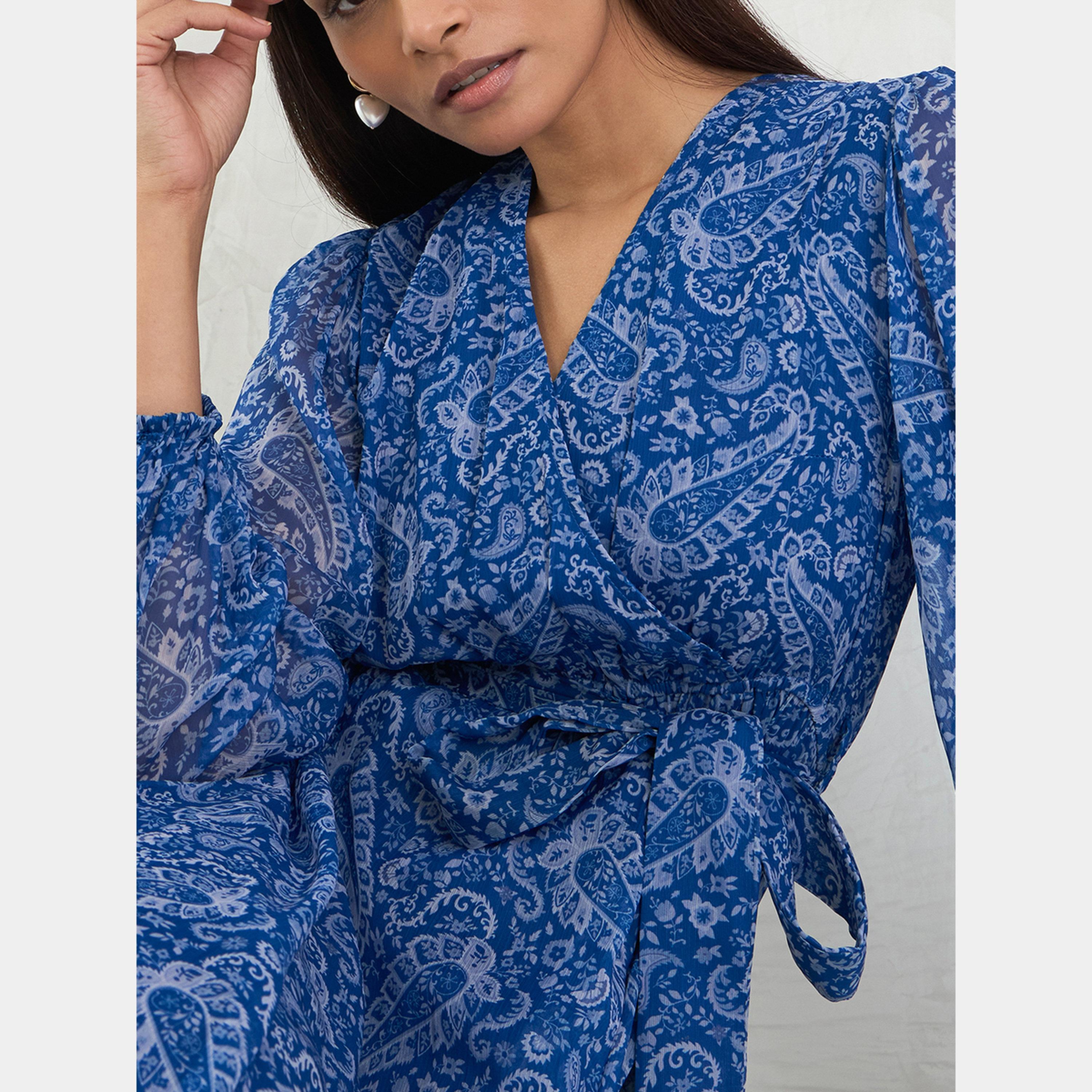 Femmella Blue Paisley Print V-Neck Long Sleeves Women's Wrap Maxi Dress-women-clothing-dresses-image-6