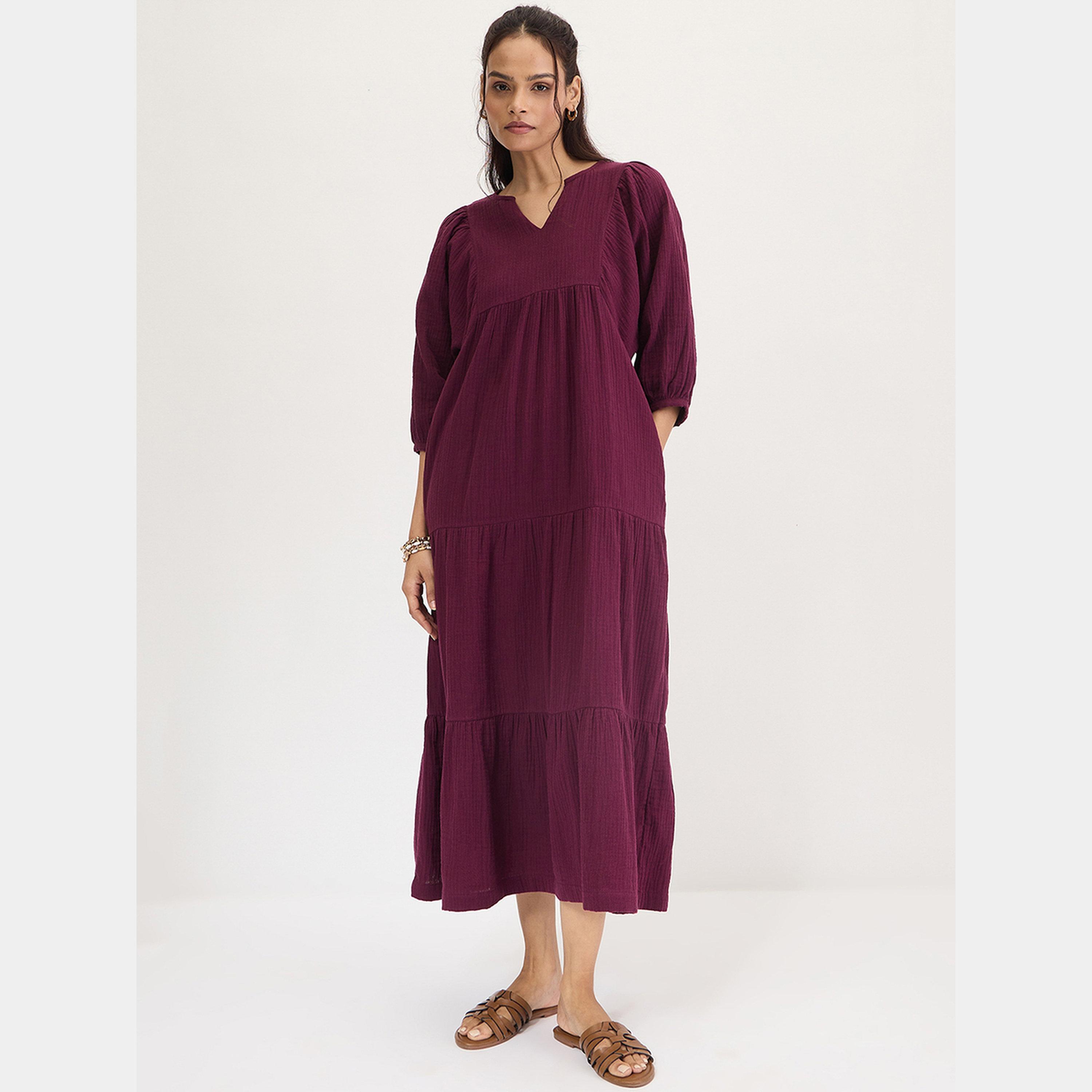 Femmella Purple Textured V-Neck 3/4 Sleeves Women's Cotton Tiered Maxi Dress-women-clothing-dresses-image-1