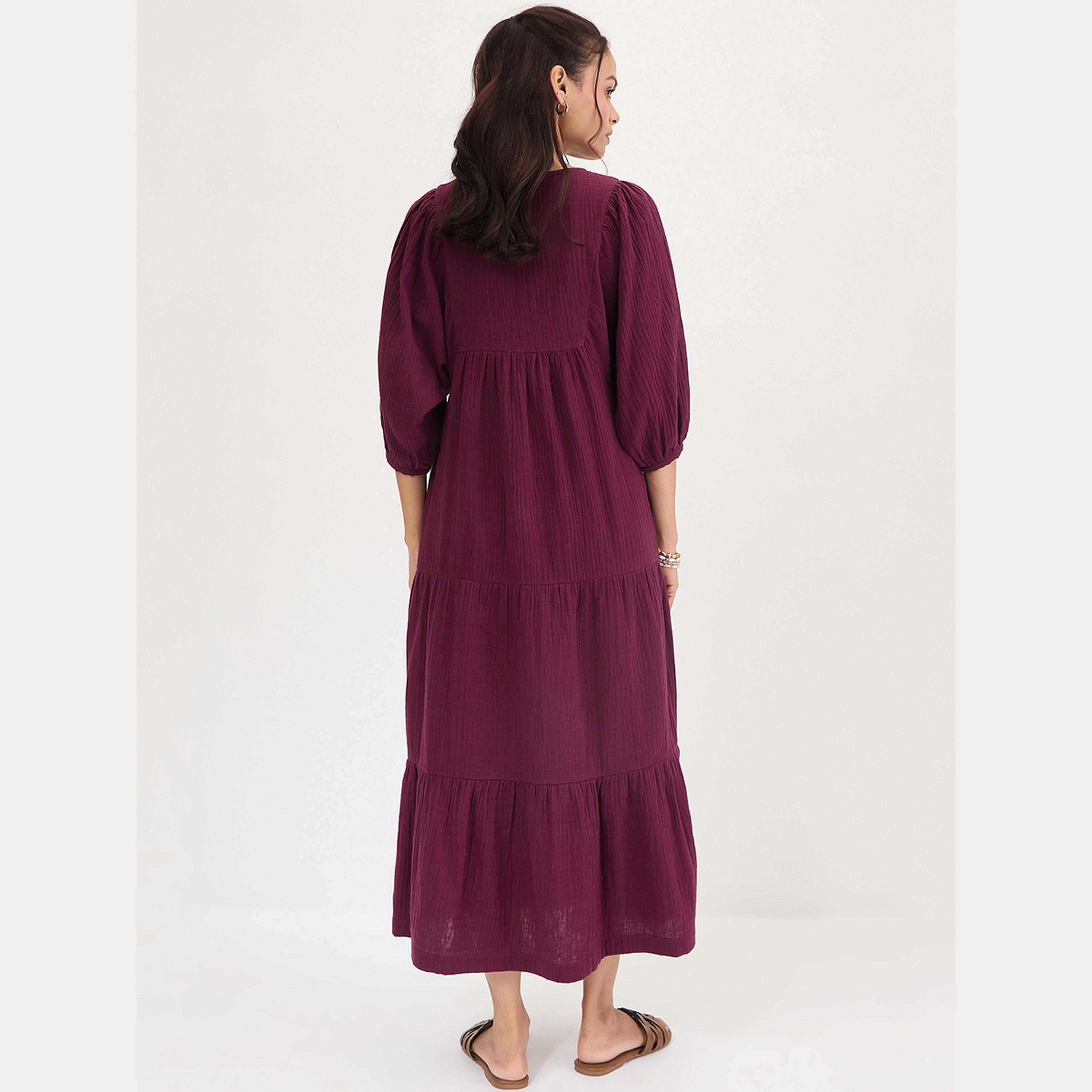Femmella Purple Textured V-Neck 3/4 Sleeves Women's Cotton Tiered Maxi Dress-women-clothing-dresses-image-2