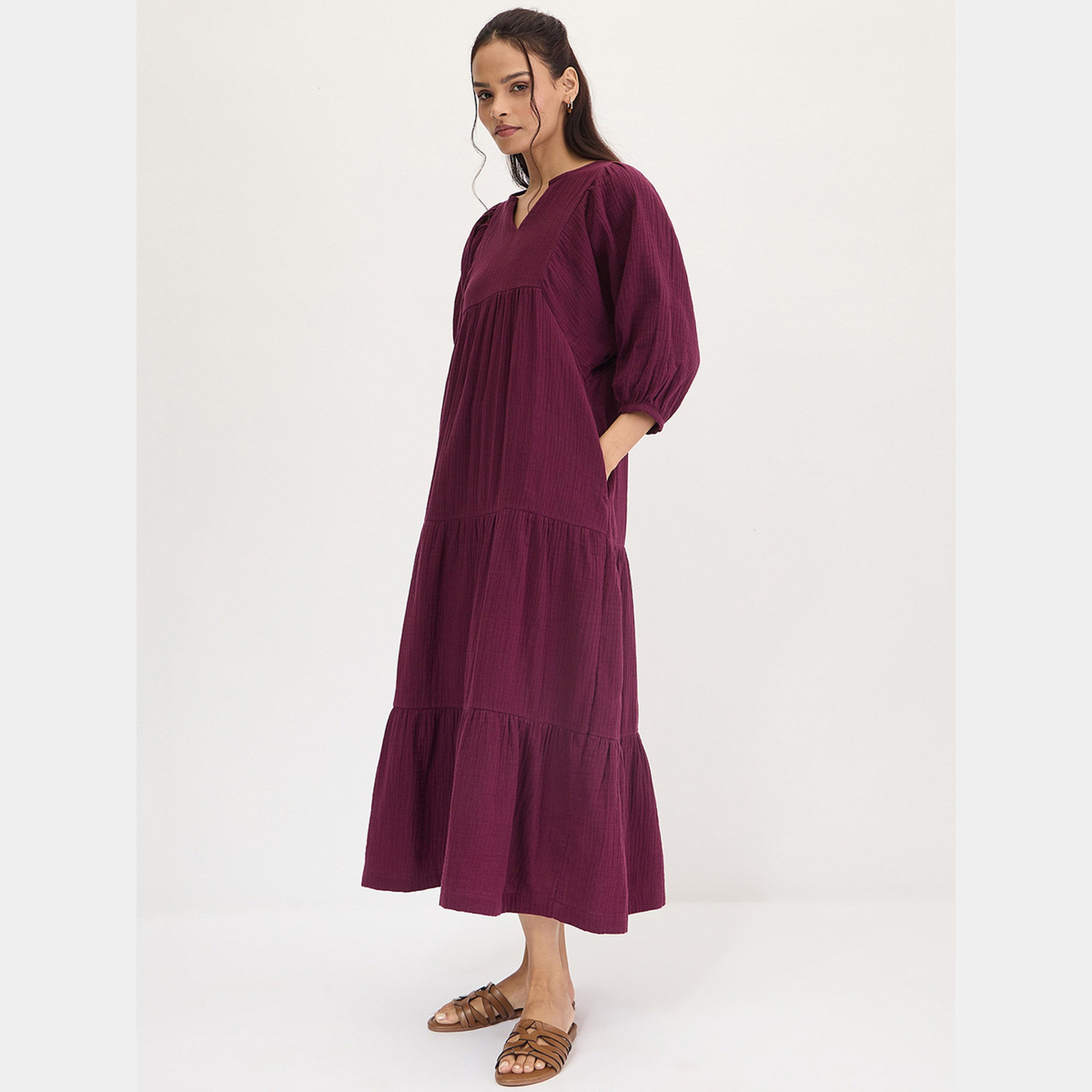 Femmella Purple Textured V-Neck 3/4 Sleeves Women's Cotton Tiered Maxi Dress-women-clothing-dresses-image-3
