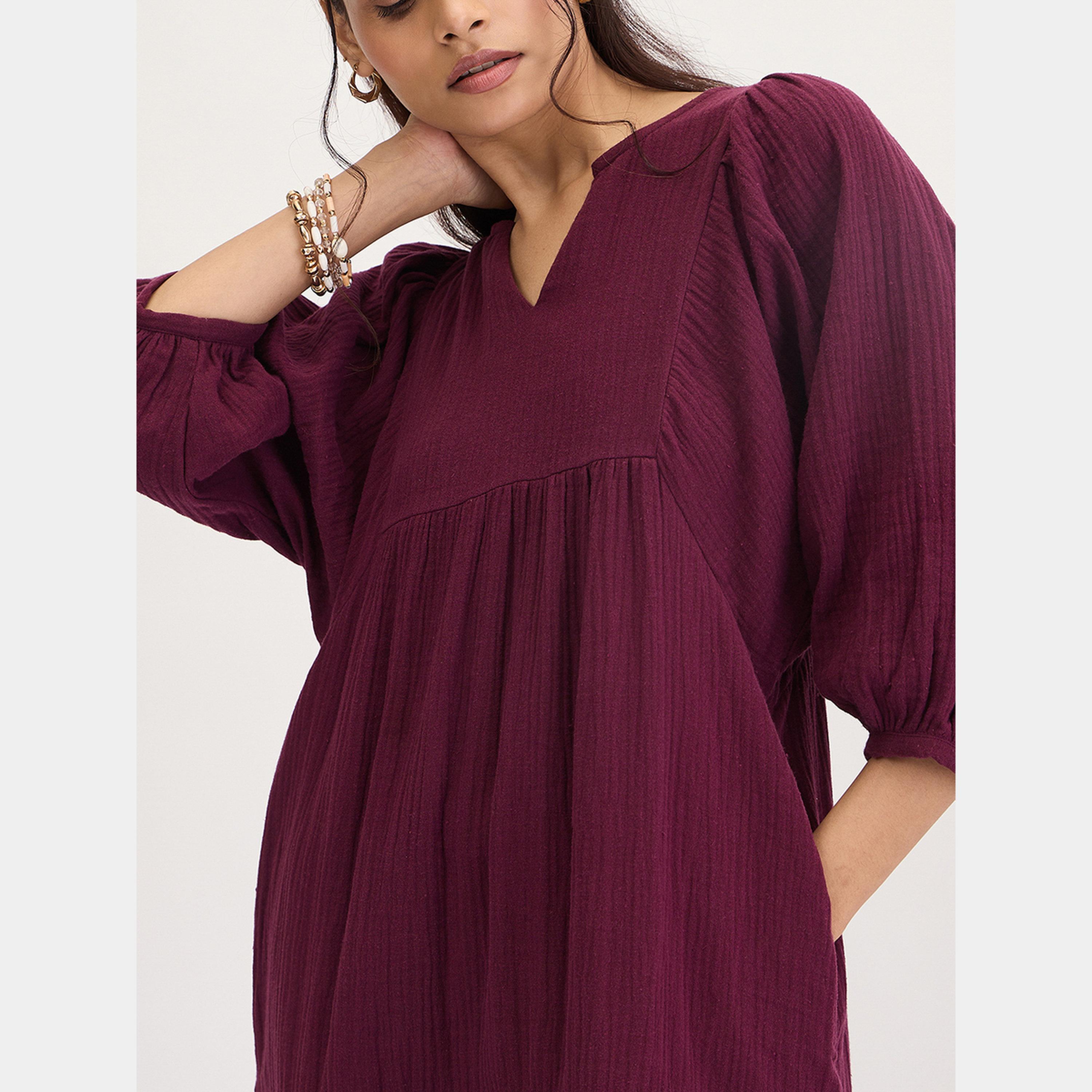 Femmella Purple Textured V-Neck 3/4 Sleeves Women's Cotton Tiered Maxi Dress-women-clothing-dresses-image-4