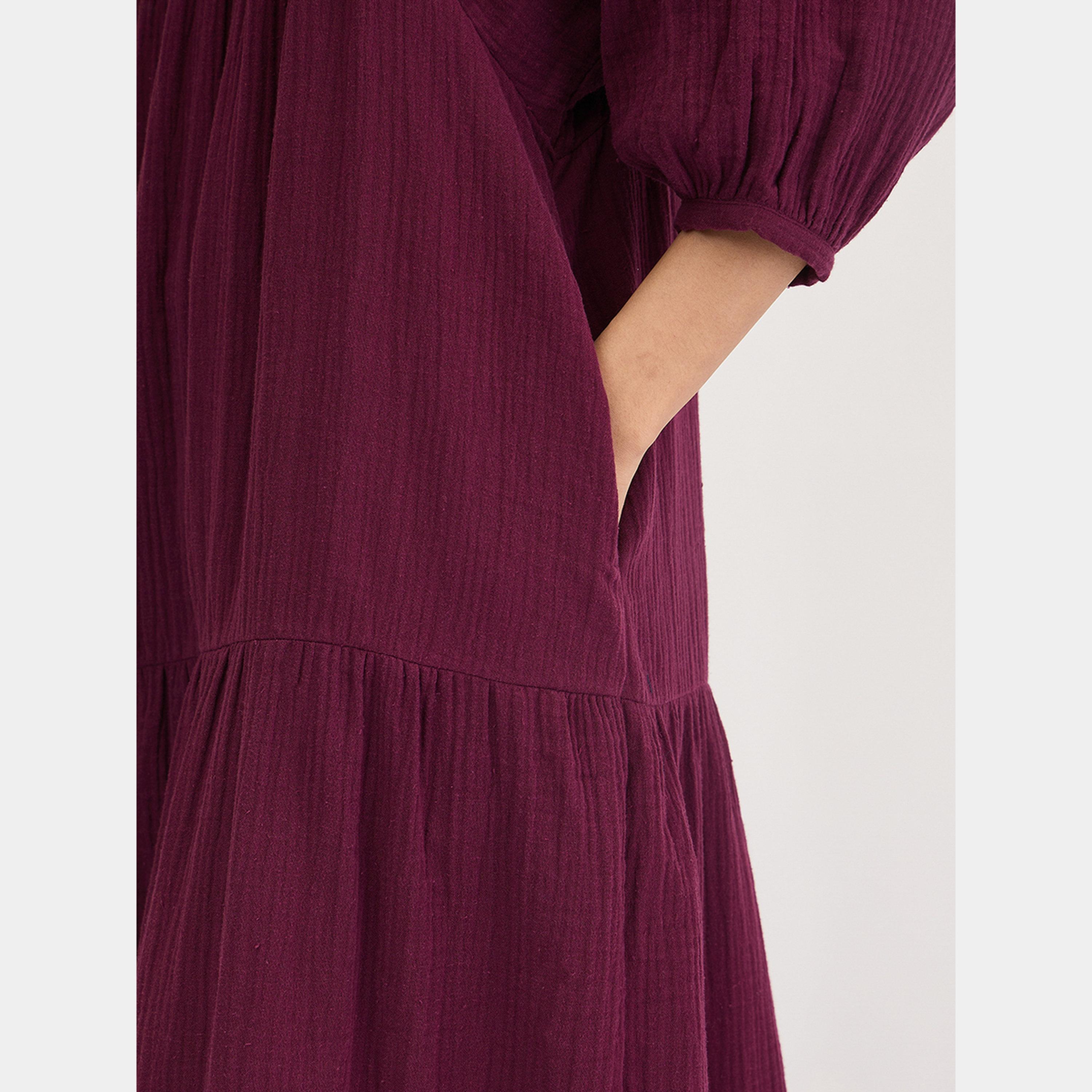 Femmella Purple Textured V-Neck 3/4 Sleeves Women's Cotton Tiered Maxi Dress-women-clothing-dresses-image-5