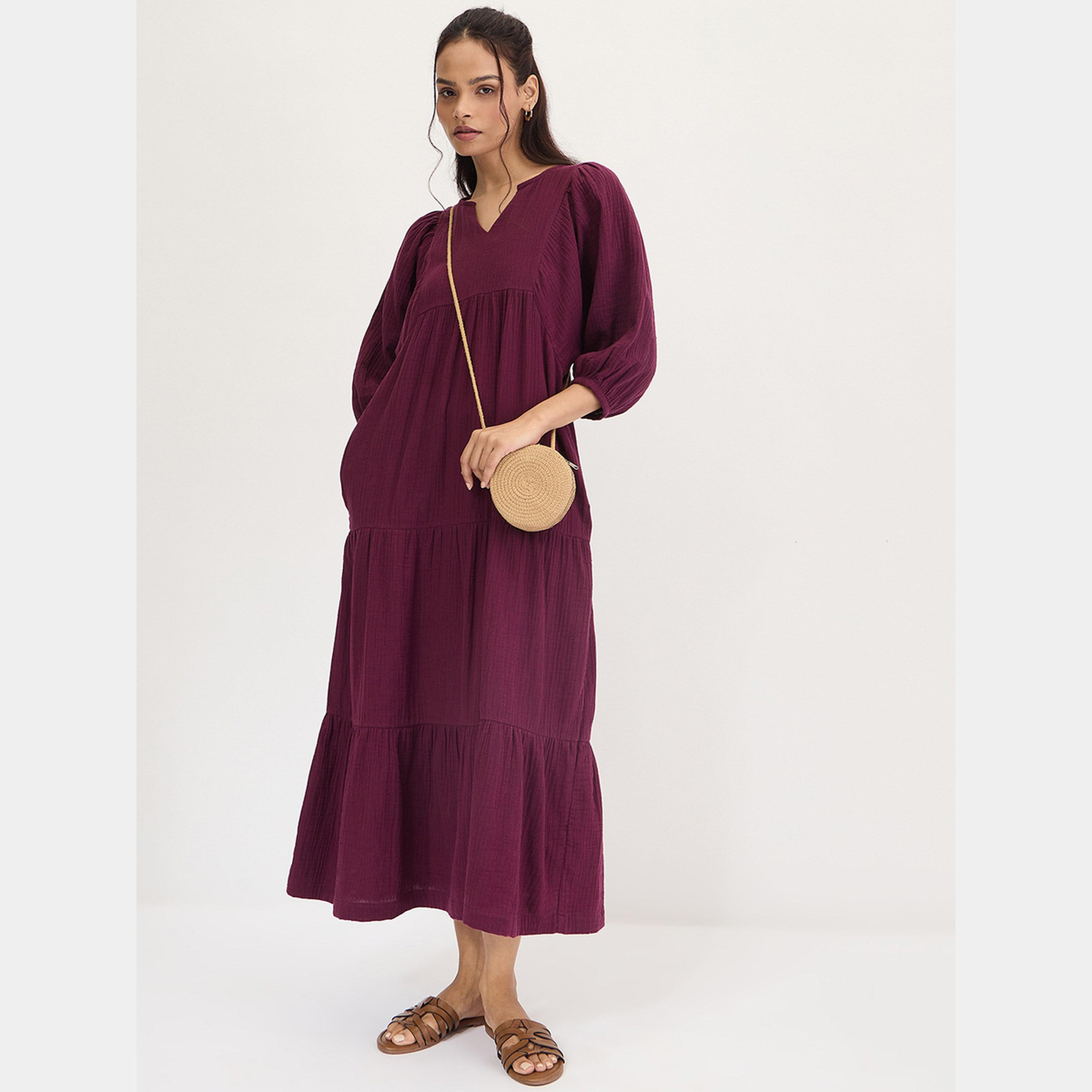 Femmella Purple Textured V-Neck 3/4 Sleeves Women's Cotton Tiered Maxi Dress-women-clothing-dresses-image-6