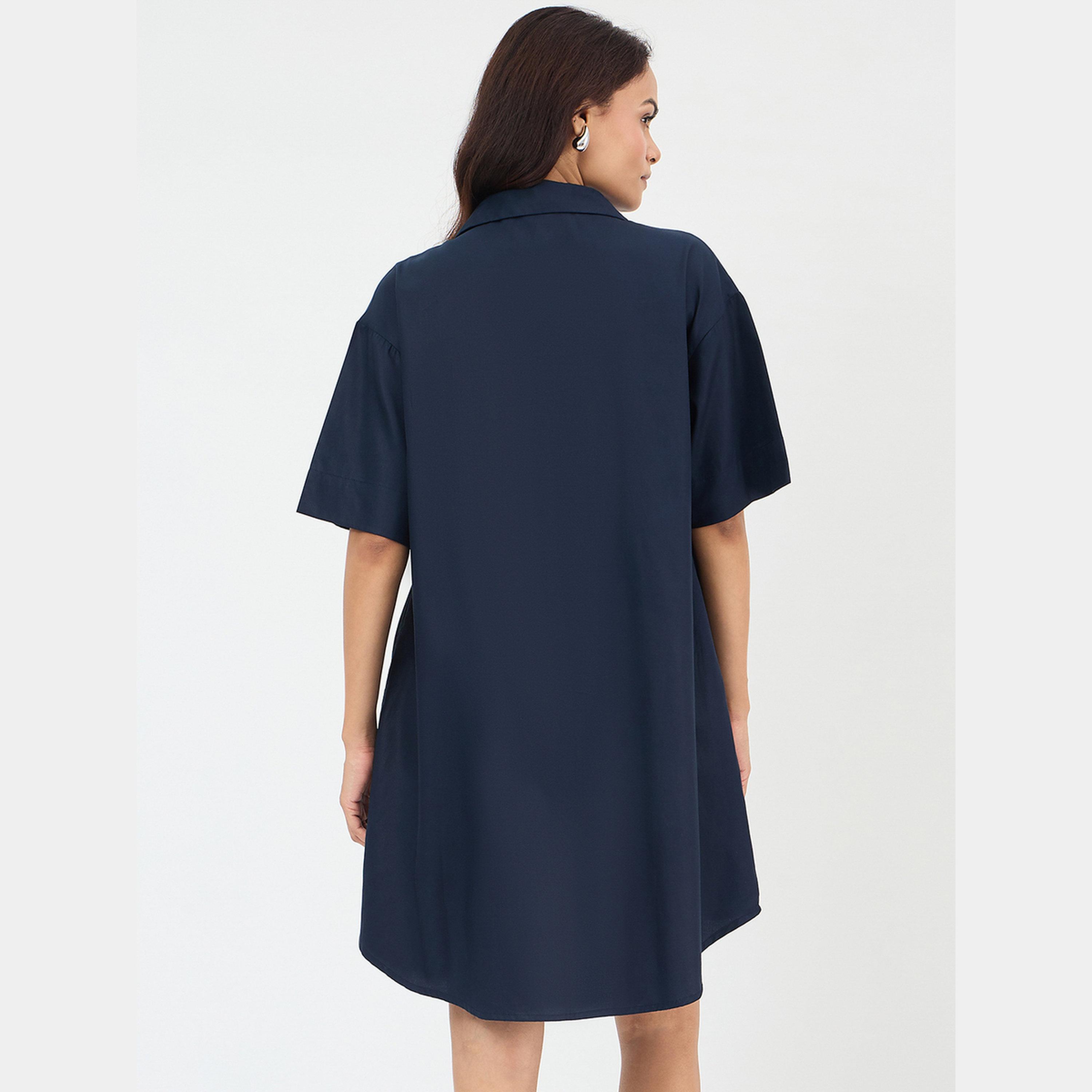 فيميلا - فستان قميص قصير من القطن بأكمام قصيرة وياقة للنساء لون أزرق كحلي-women-clothing-dresses-image-3