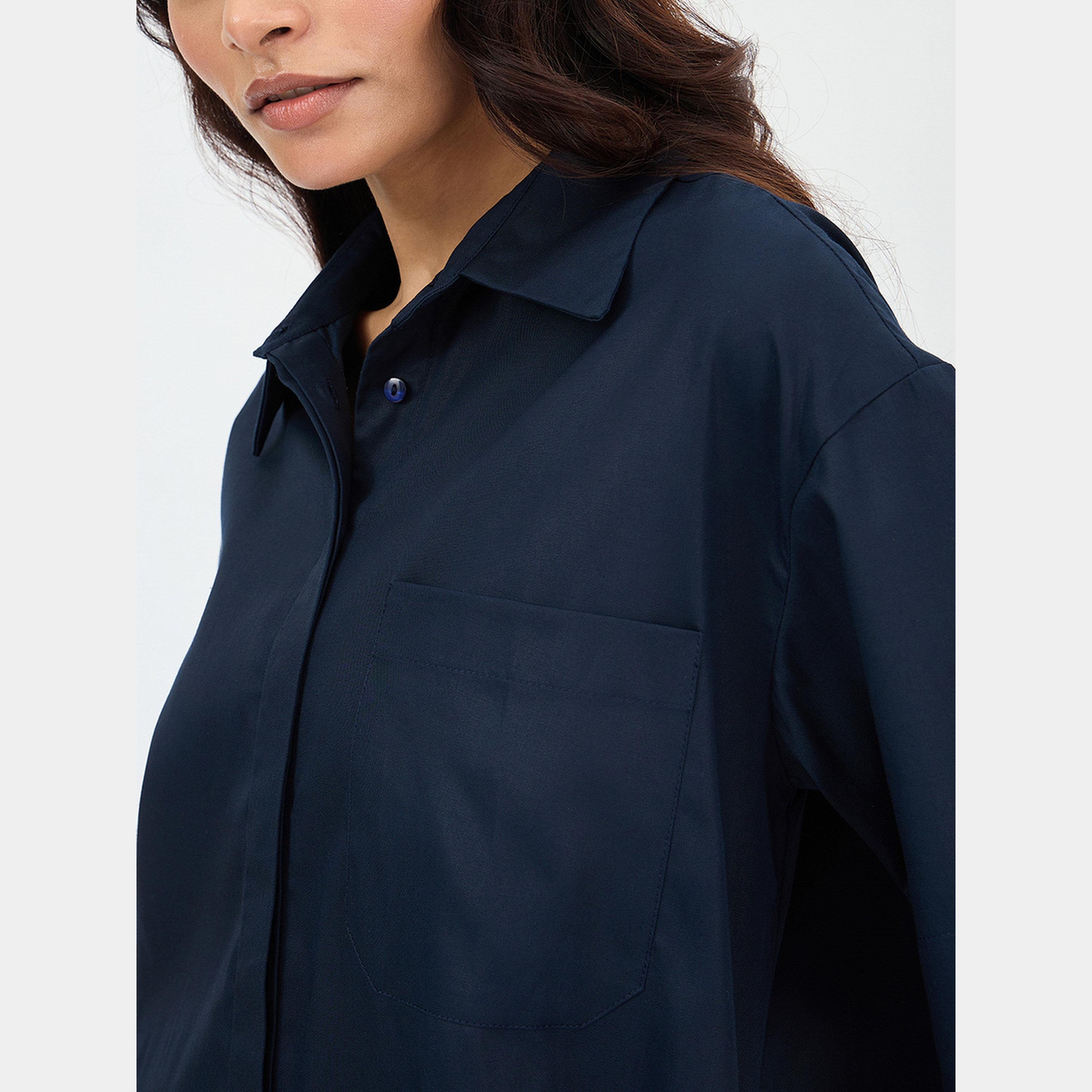 Femmella Navy Solid Collared Short Sleeves Women's Cotton Mini Shirt Dress-women-clothing-dresses-image-4