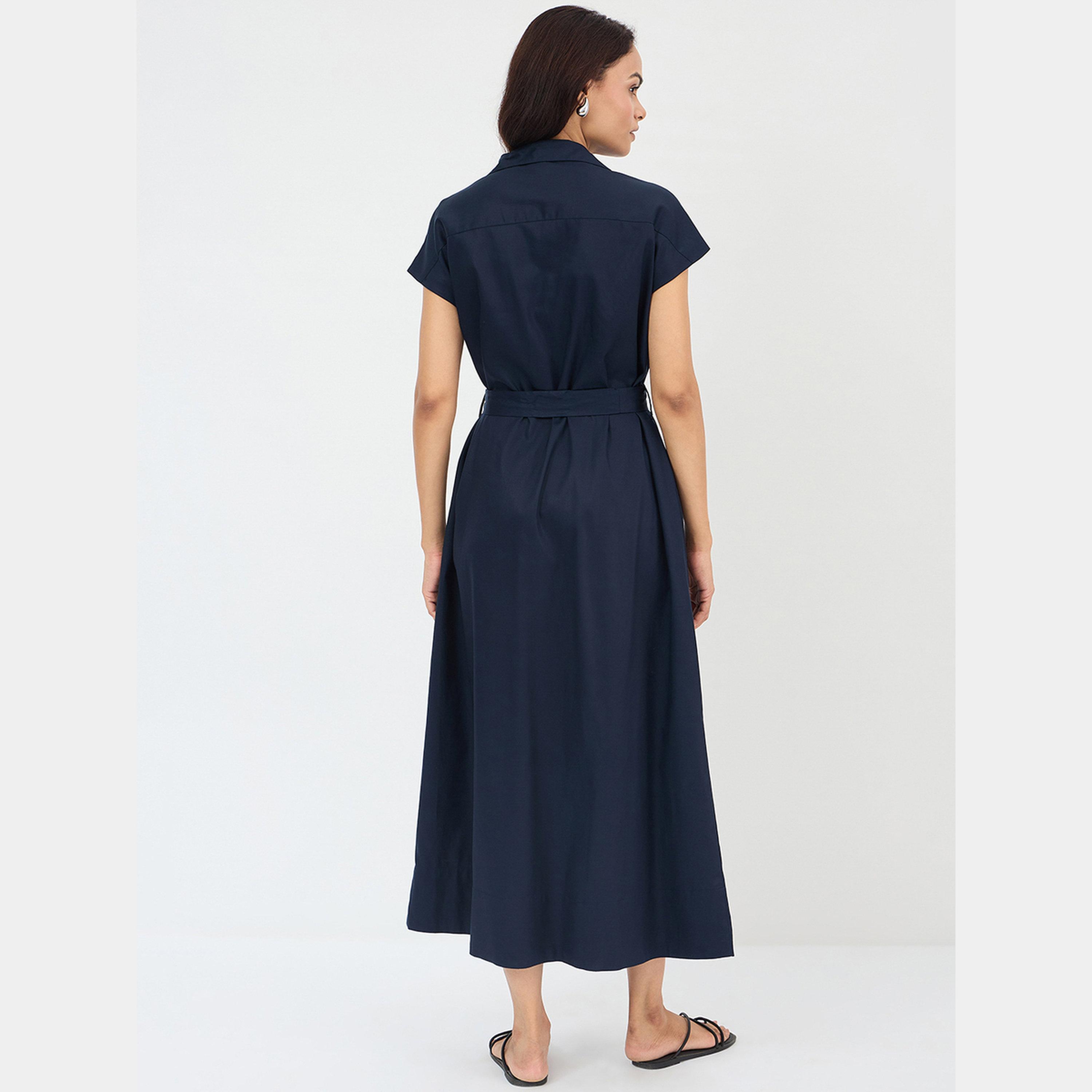فيميلا - فستان قميص ماكسي قطني بأكمام قصيرة وياقة باللون الأزرق البحري للنساء-women-clothing-dresses-image-2