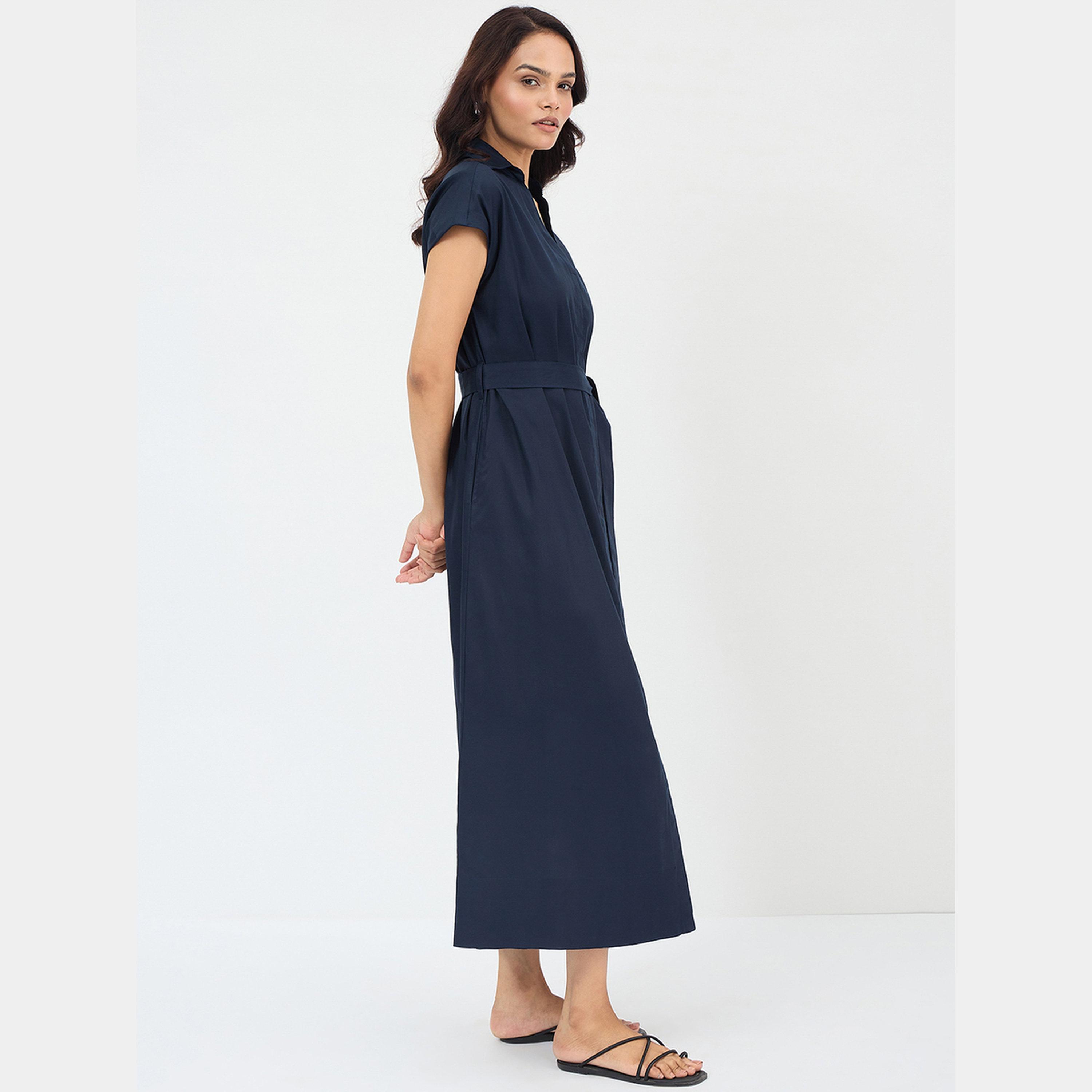 فيميلا - فستان قميص ماكسي قطني بأكمام قصيرة وياقة باللون الأزرق البحري للنساء-women-clothing-dresses-image-3