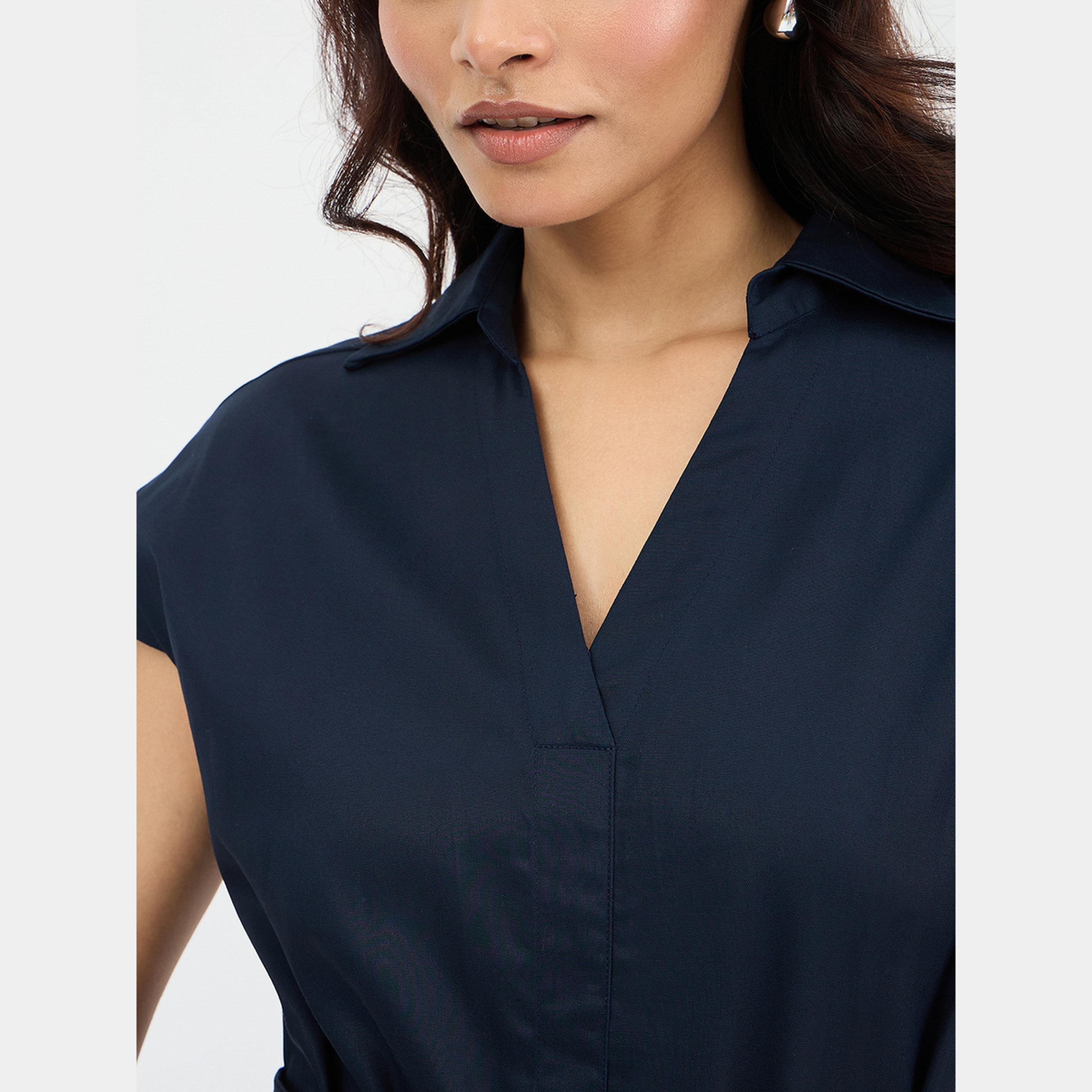 فيميلا - فستان قميص ماكسي قطني بأكمام قصيرة وياقة باللون الأزرق البحري للنساء-women-clothing-dresses-image-4
