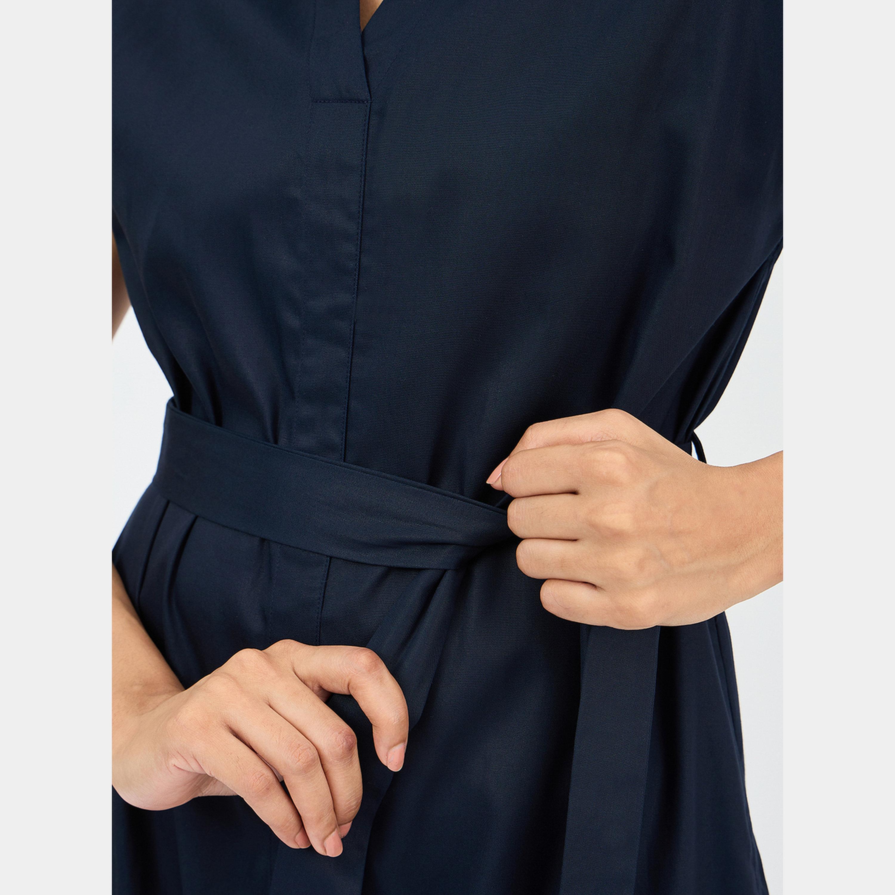 فيميلا - فستان قميص ماكسي قطني بأكمام قصيرة وياقة باللون الأزرق البحري للنساء-women-clothing-dresses-image-5