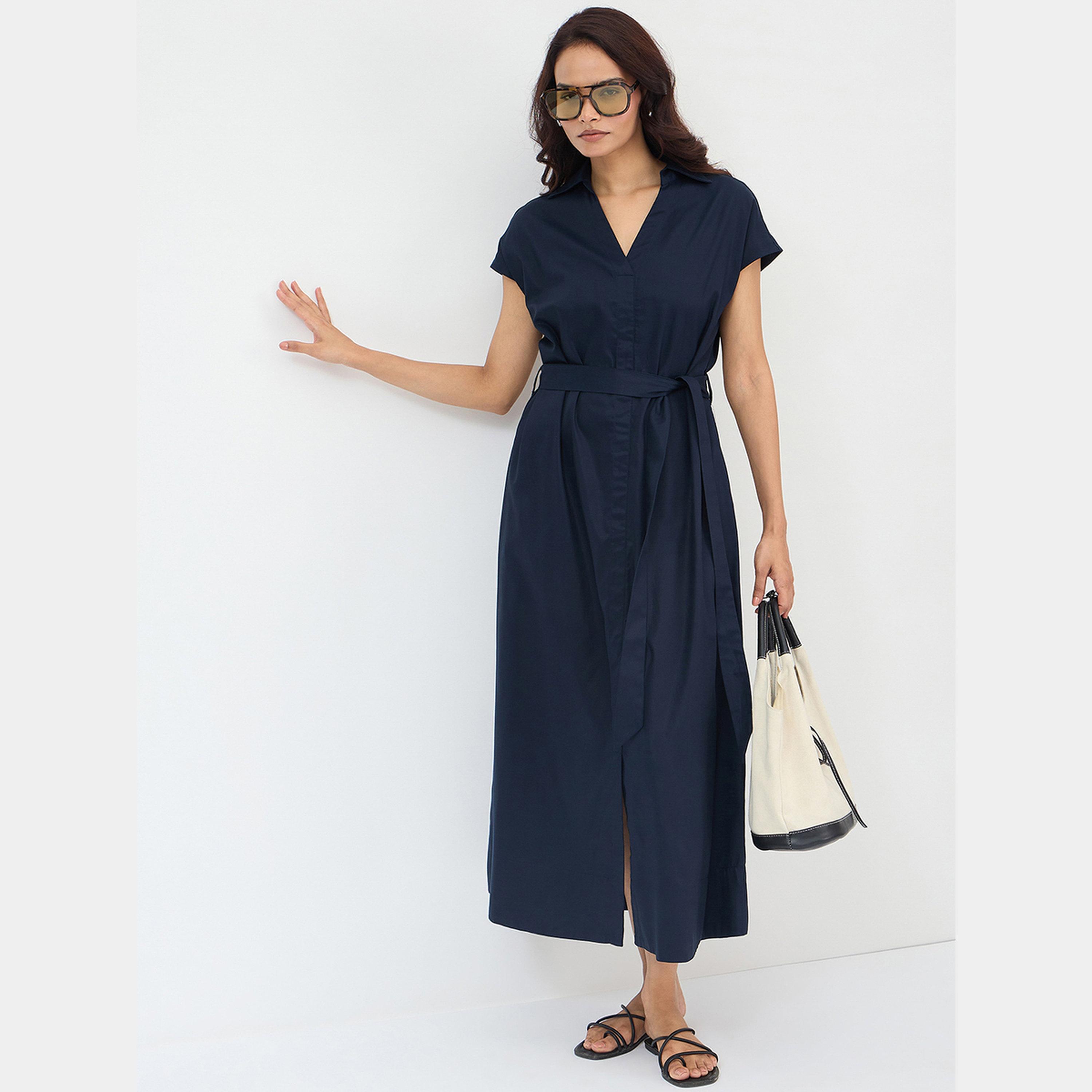 فيميلا - فستان قميص ماكسي قطني بأكمام قصيرة وياقة باللون الأزرق البحري للنساء-women-clothing-dresses-image-6