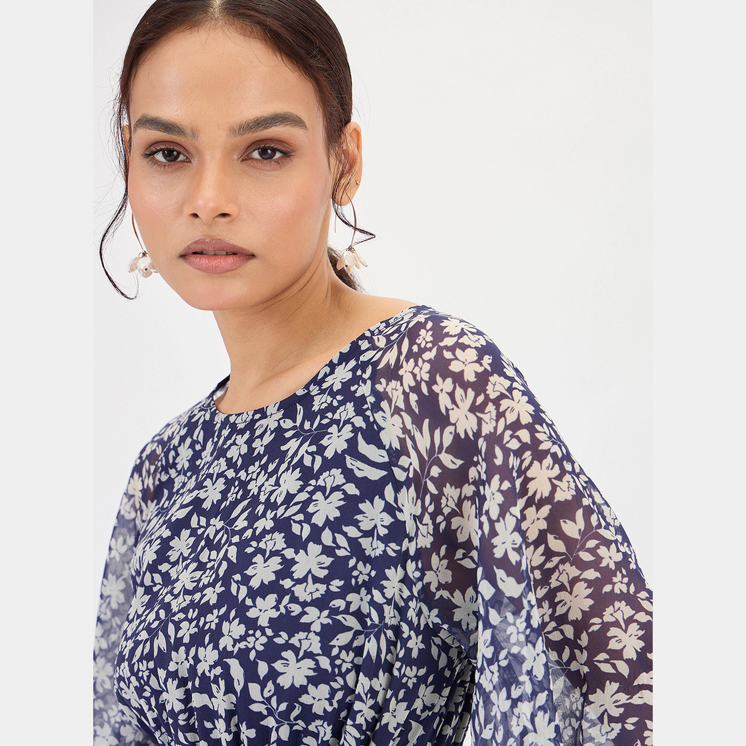 Femmella Navy Floral Print Round Neck Short Sleeves Women's Waist Tie Maxi Dress-women-clothing-dresses-image-4