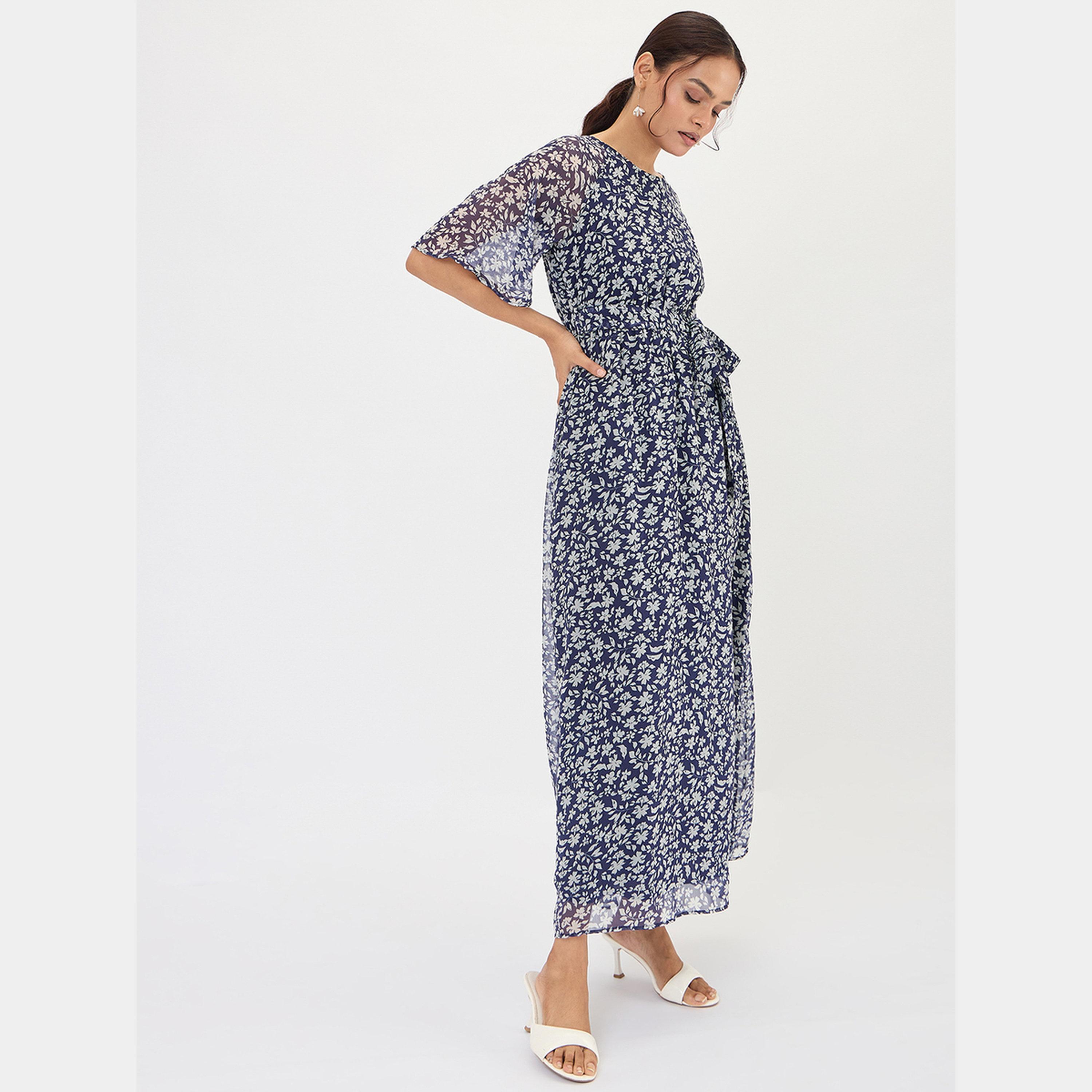 Femmella Navy Floral Print Round Neck Short Sleeves Women's Waist Tie Maxi Dress-women-clothing-dresses-image-6