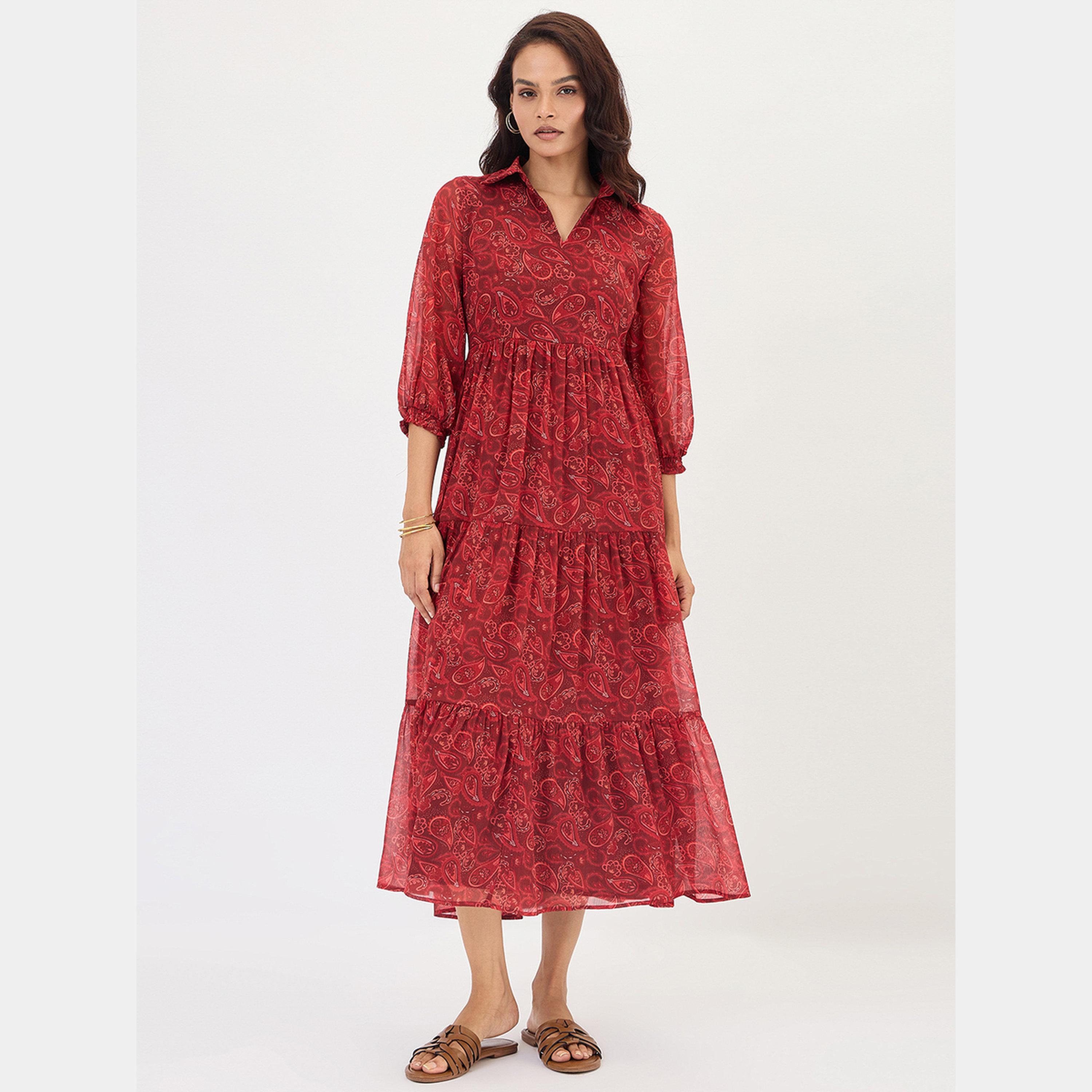 Femmella Maroon Paisley Print Collared 3/4 Sleeves Women's Tiered Maxi Dress-women-clothing-dresses-image-1