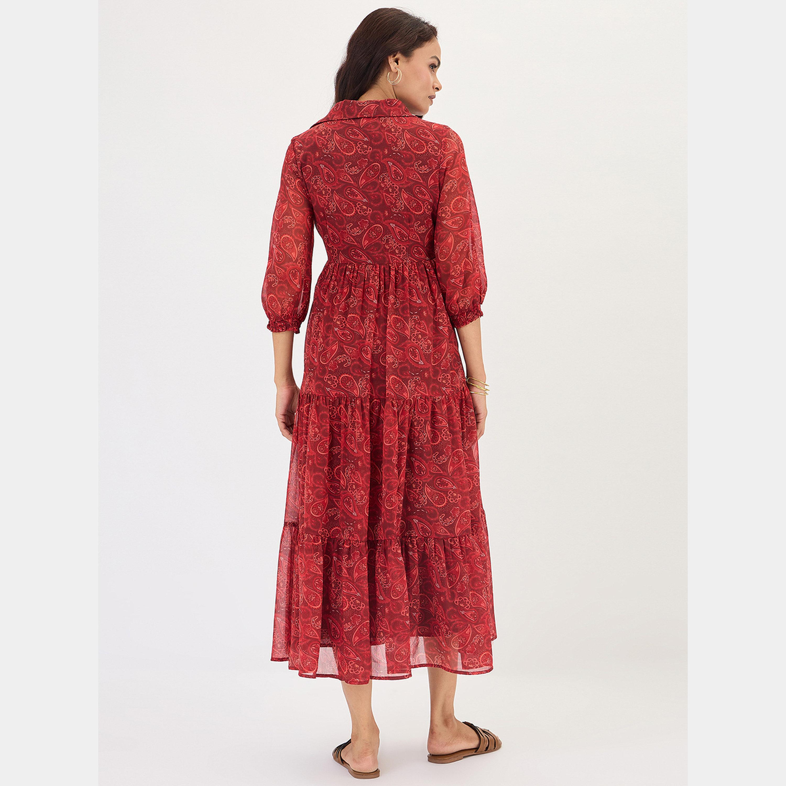 Femmella Maroon Paisley Print Collared 3/4 Sleeves Women's Tiered Maxi Dress-women-clothing-dresses-image-2