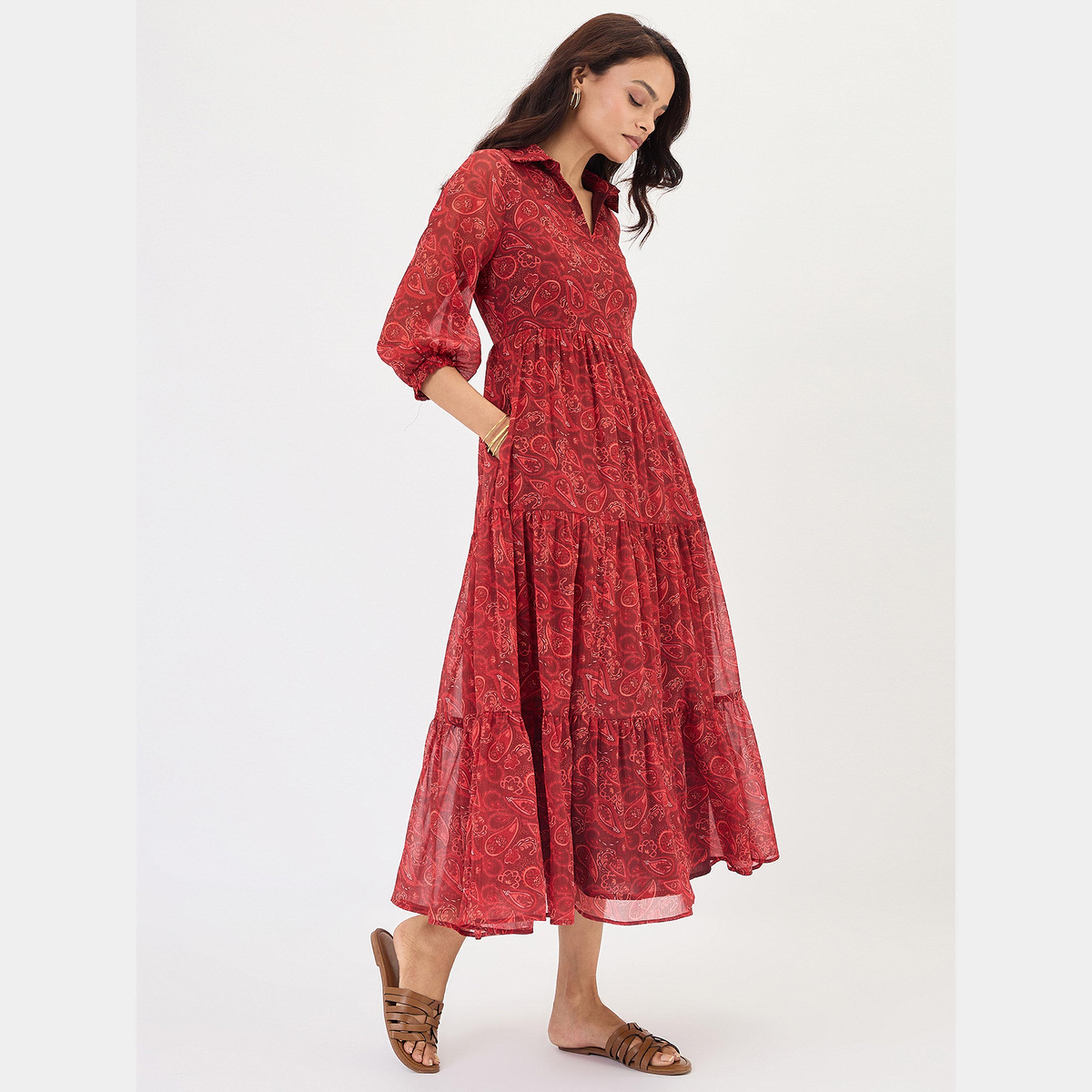 Femmella Maroon Paisley Print Collared 3/4 Sleeves Women's Tiered Maxi Dress-women-clothing-dresses-image-3