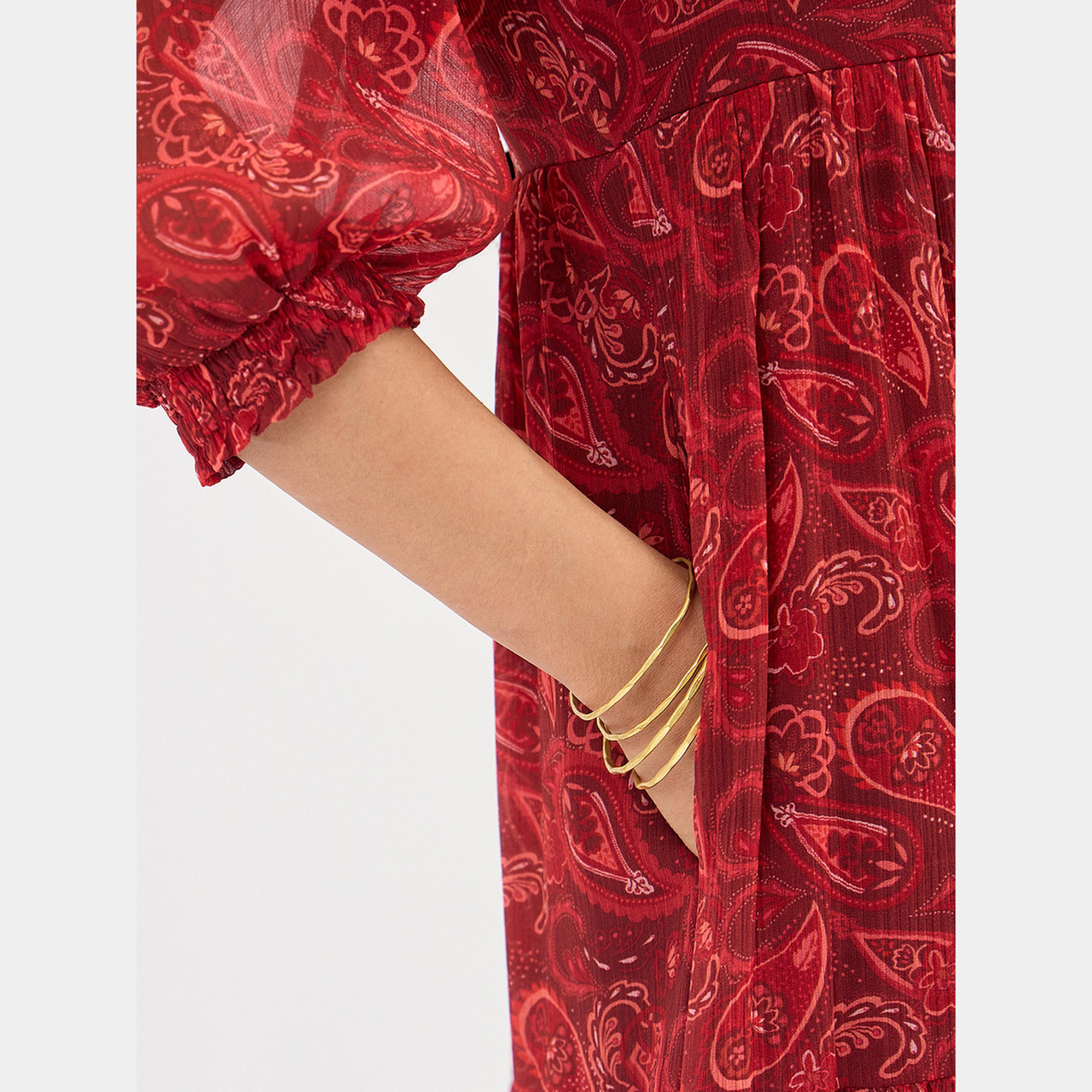 Femmella Maroon Paisley Print Collared 3/4 Sleeves Women's Tiered Maxi Dress-women-clothing-dresses-image-4