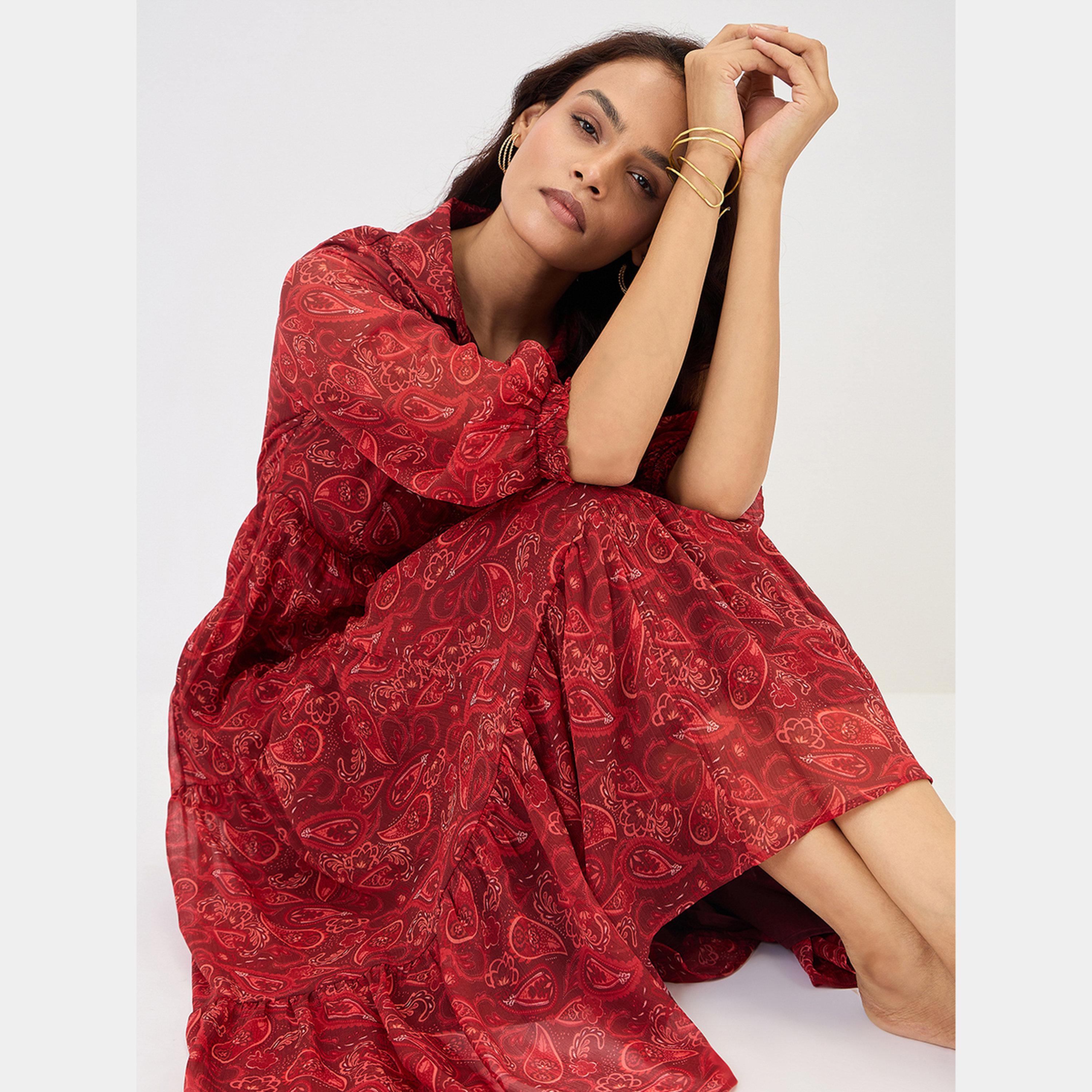 Femmella Maroon Paisley Print Collared 3/4 Sleeves Women's Tiered Maxi Dress-women-clothing-dresses-image-5