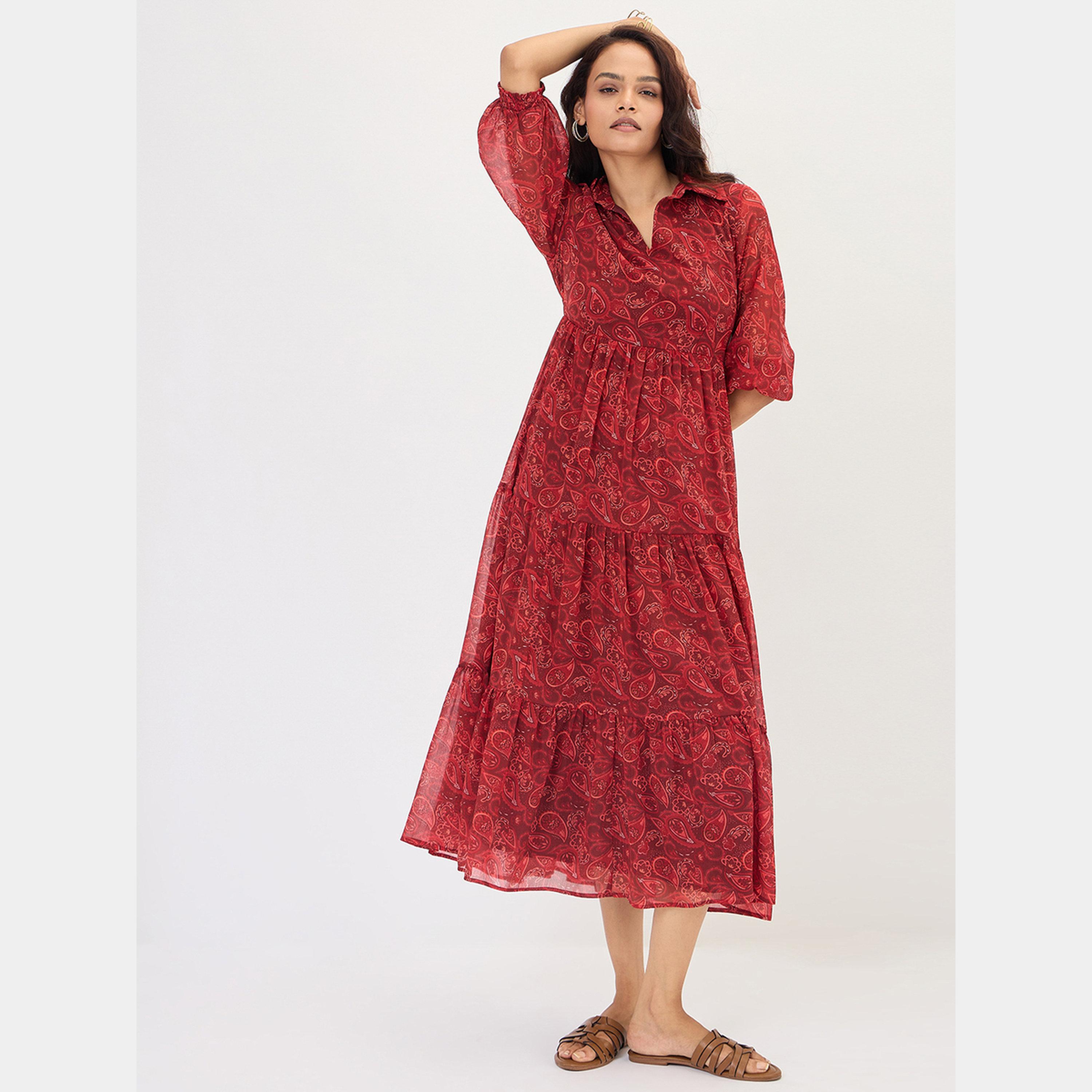 Femmella Maroon Paisley Print Collared 3/4 Sleeves Women's Tiered Maxi Dress-women-clothing-dresses-image-6