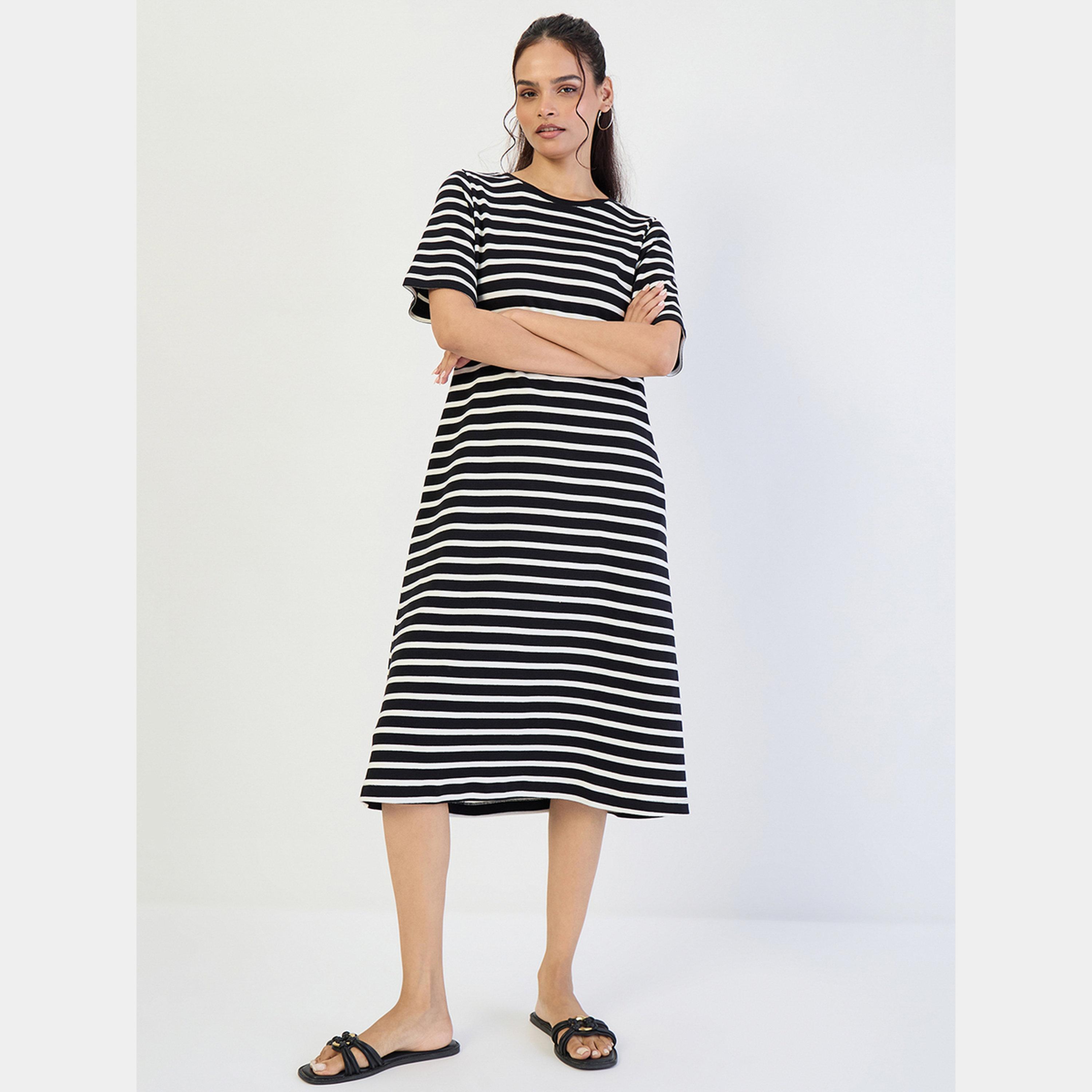فيميلا - فستان نسائي متوسط ​​الطول بأكمام قصيرة ورقبة دائرية ومخطط لون أسود-women-clothing-dresses-image-2