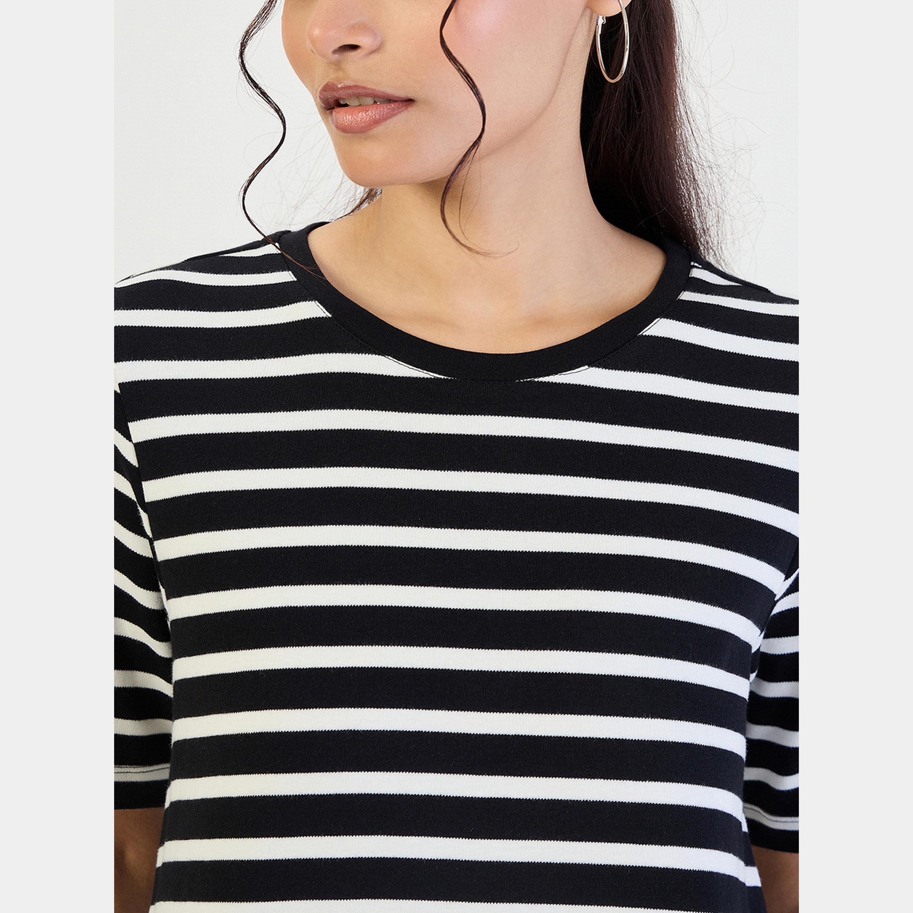 فيميلا - فستان نسائي متوسط ​​الطول بأكمام قصيرة ورقبة دائرية ومخطط لون أسود-women-clothing-dresses-image-4