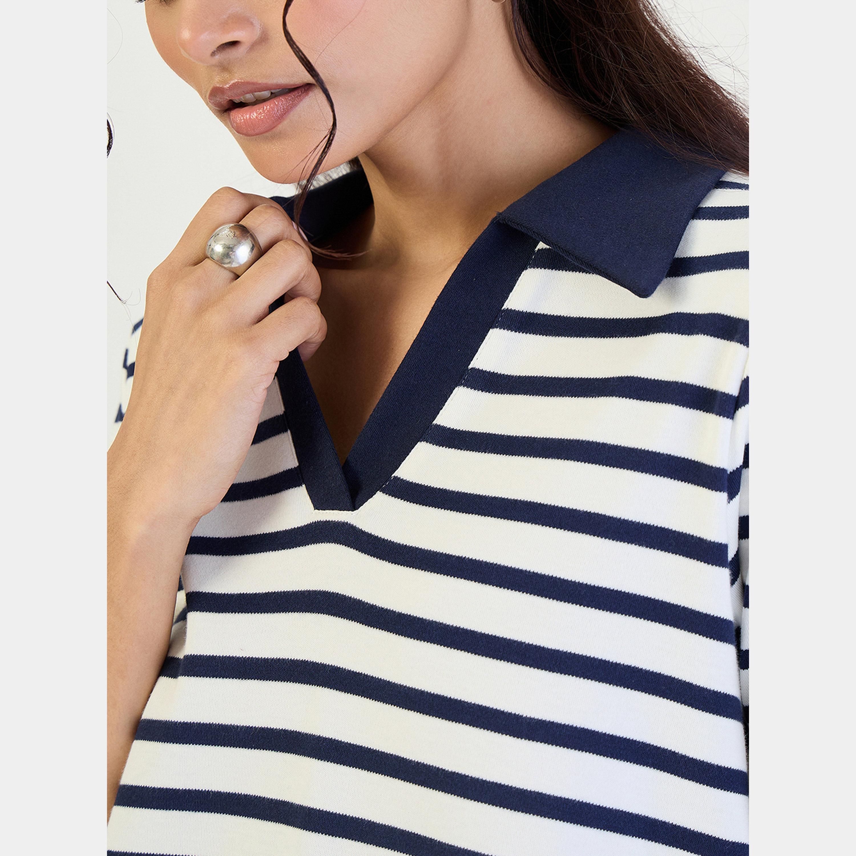 فيميلا - فستان نسائي محبوك بطول الركبة، مخطط بأكمام ثلاثة أرباع لون أزرق كحلي-women-clothing-dresses-image-4