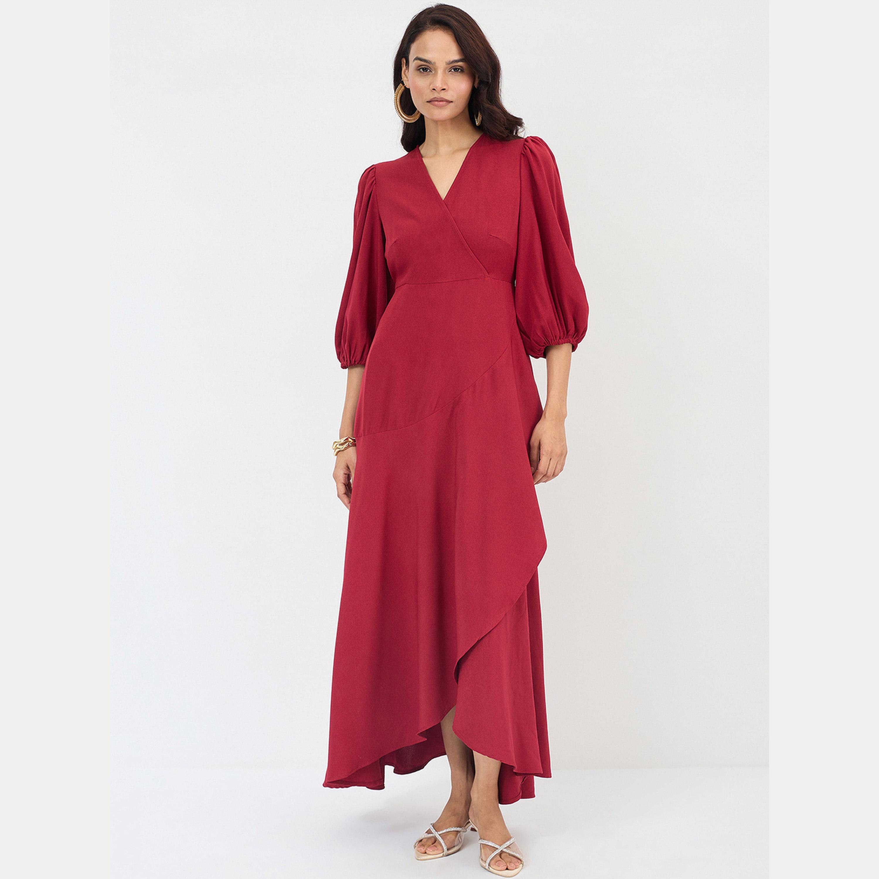 Femmella Red Solid V-Neck Balloon Sleeves Women's Wrap Ruffle Maxi Dress-women-clothing-dresses-image-1