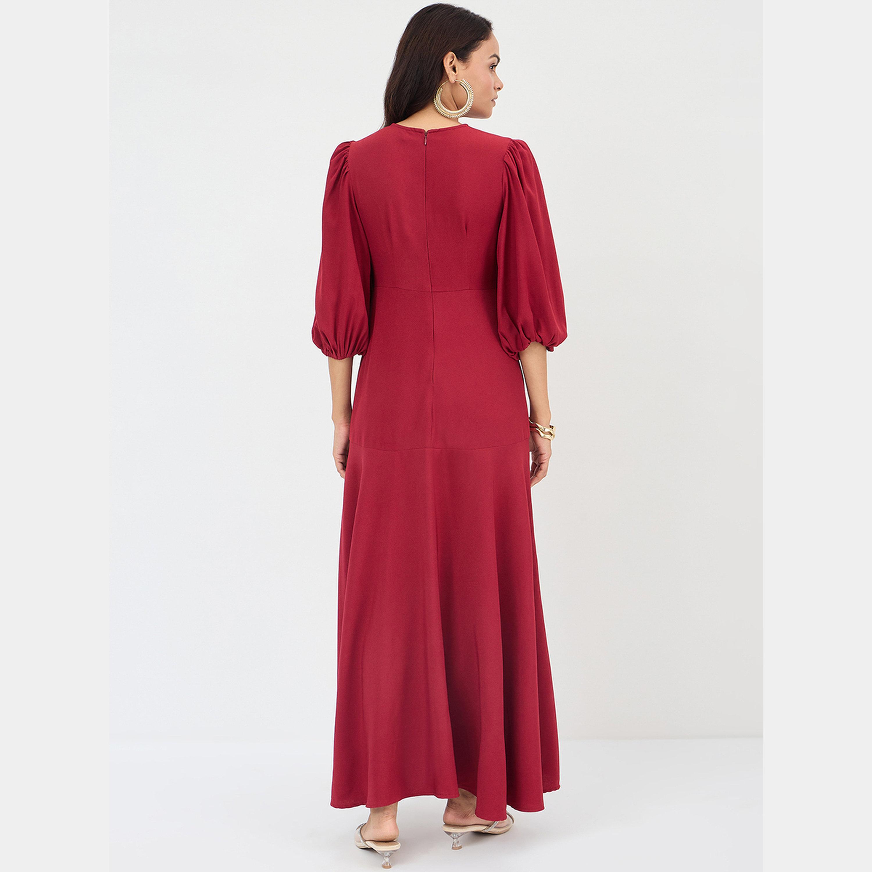 Femmella Red Solid V-Neck Balloon Sleeves Women's Wrap Ruffle Maxi Dress-women-clothing-dresses-image-2