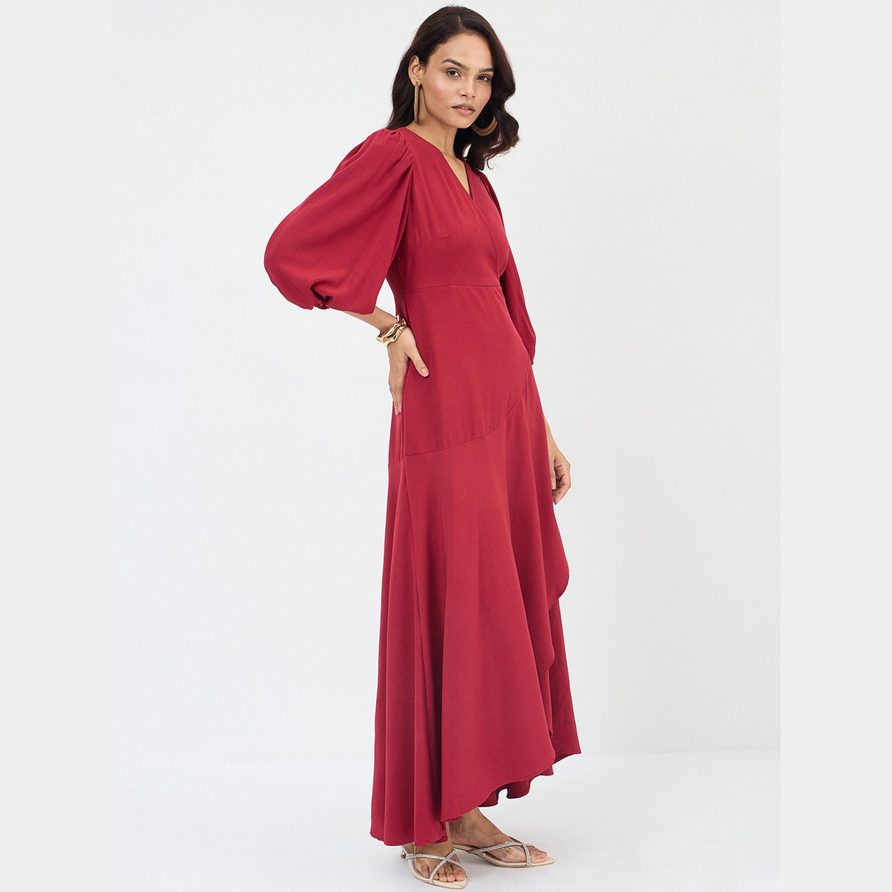 Femmella Red Solid V-Neck Balloon Sleeves Women's Wrap Ruffle Maxi Dress-women-clothing-dresses-image-3
