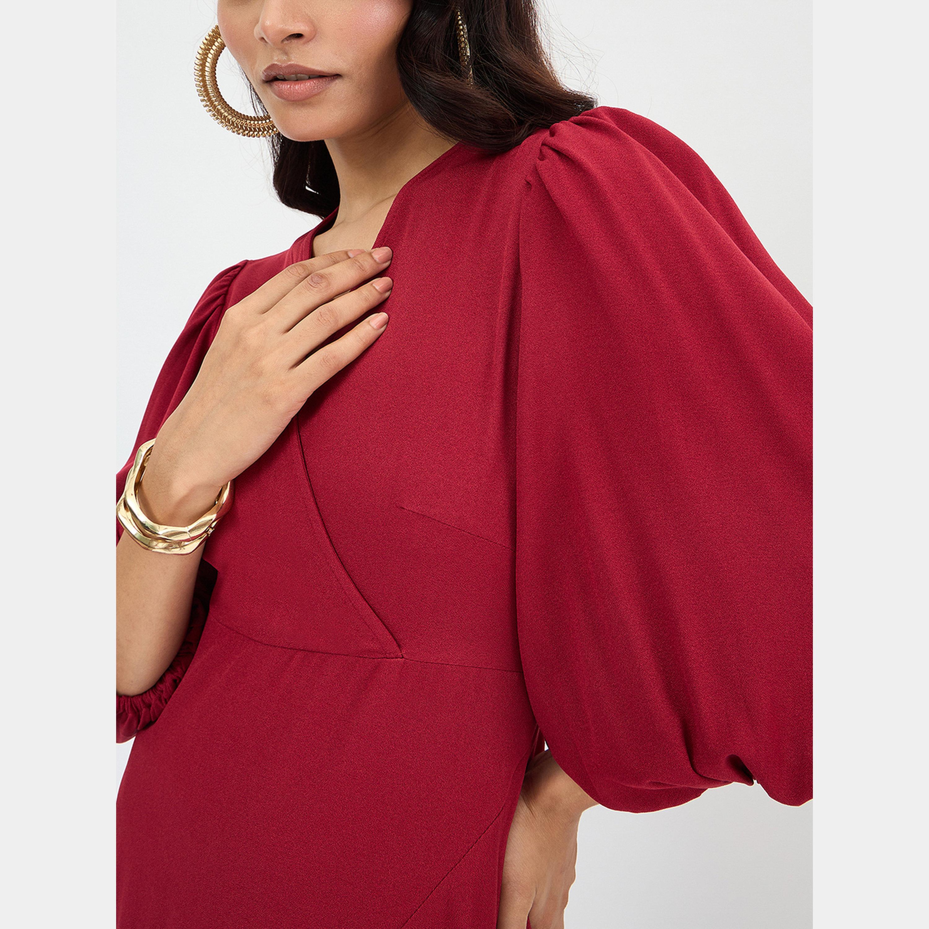 Femmella Red Solid V-Neck Balloon Sleeves Women's Wrap Ruffle Maxi Dress-women-clothing-dresses-image-4