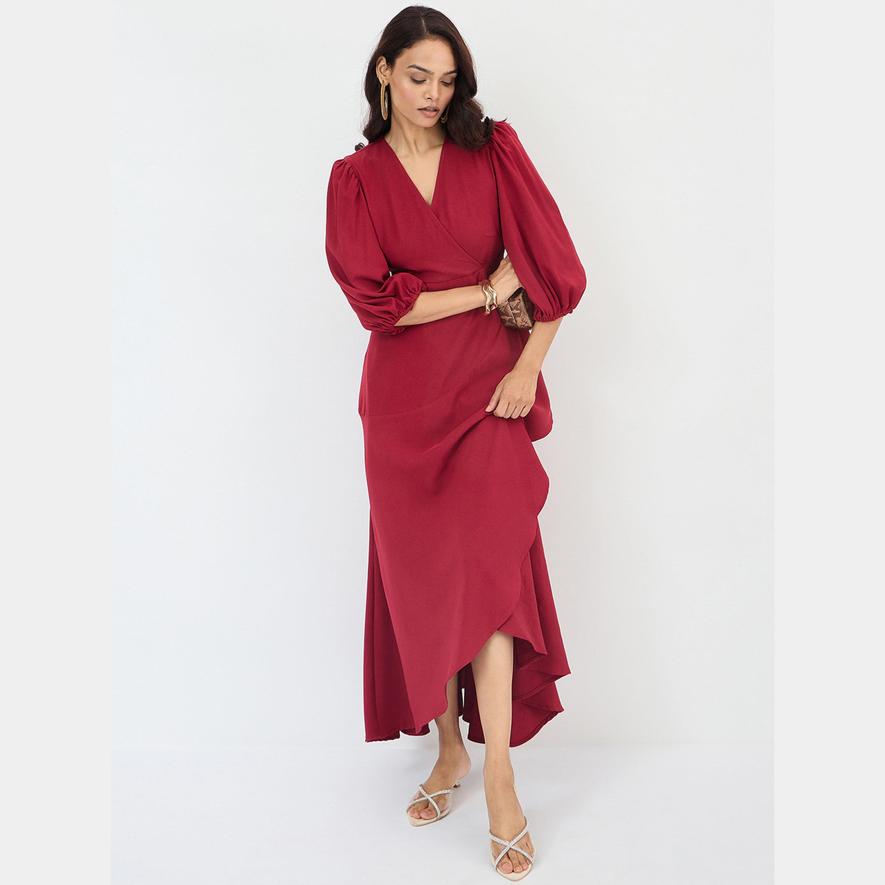 Femmella Red Solid V-Neck Balloon Sleeves Women's Wrap Ruffle Maxi Dress-women-clothing-dresses-image-5