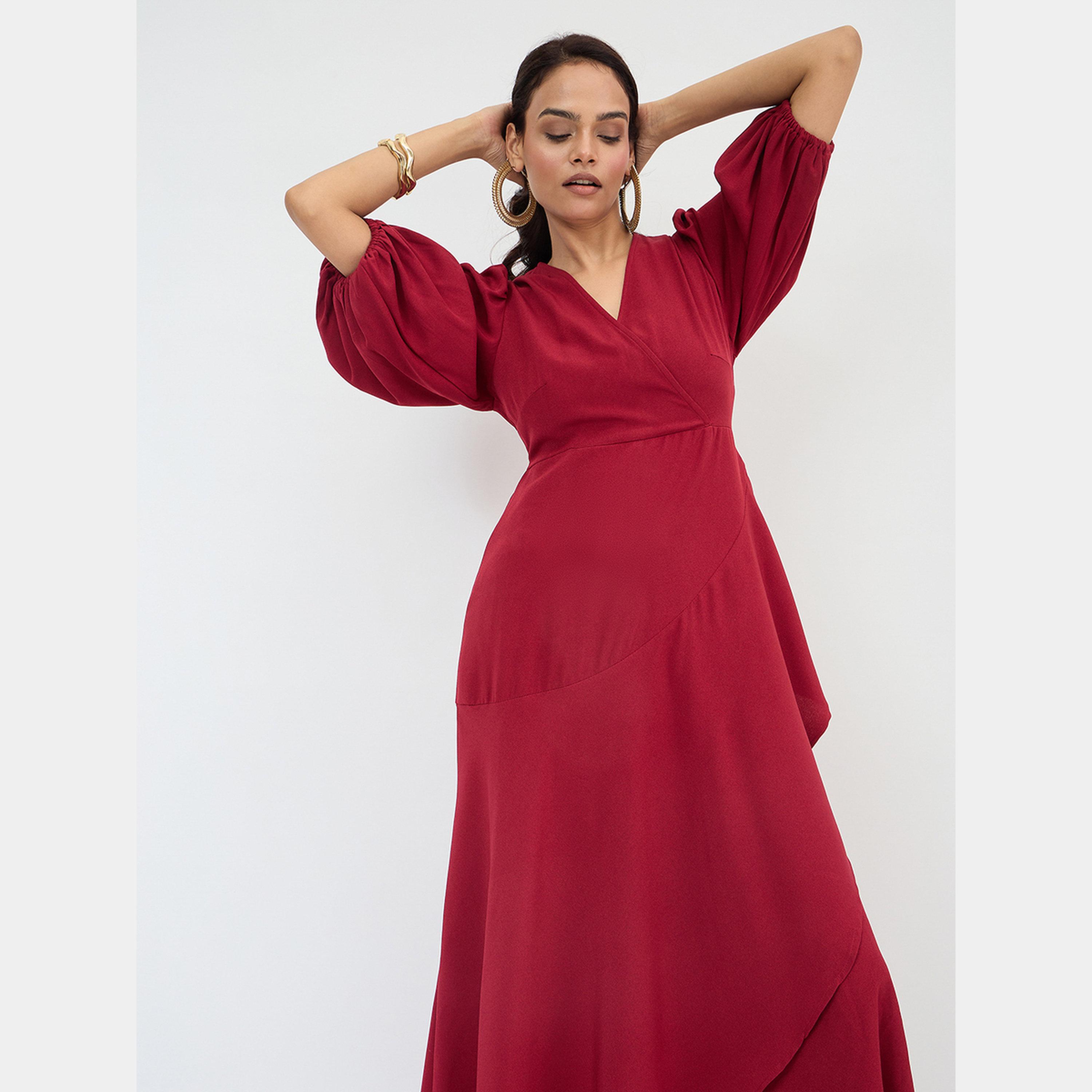 Femmella Red Solid V-Neck Balloon Sleeves Women's Wrap Ruffle Maxi Dress-women-clothing-dresses-image-6