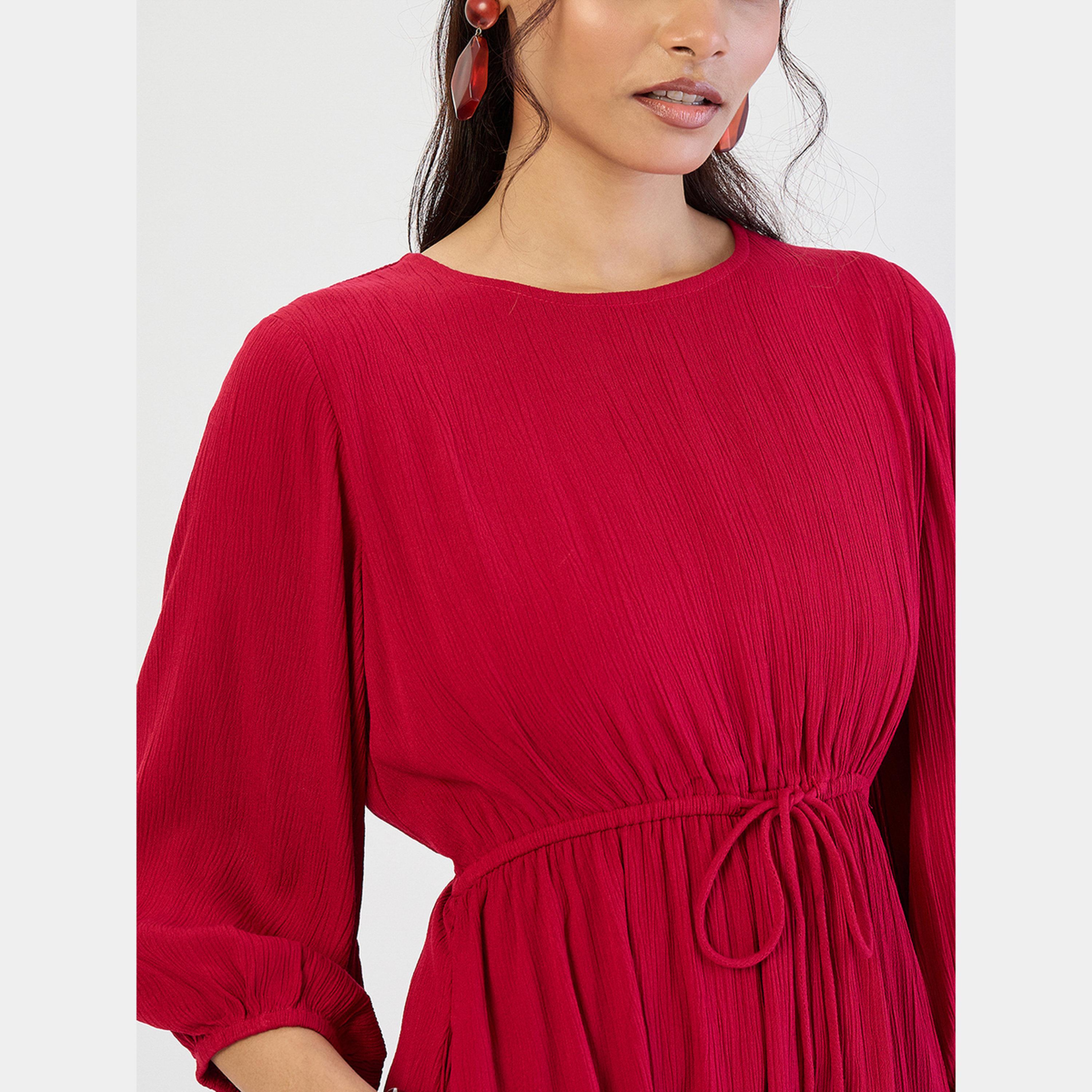 فيميلا - فستان ماكسي أحمر غامق مكشكشة برقبة دائرية وأكمام 3/4 للنساء-women-clothing-dresses-image-4