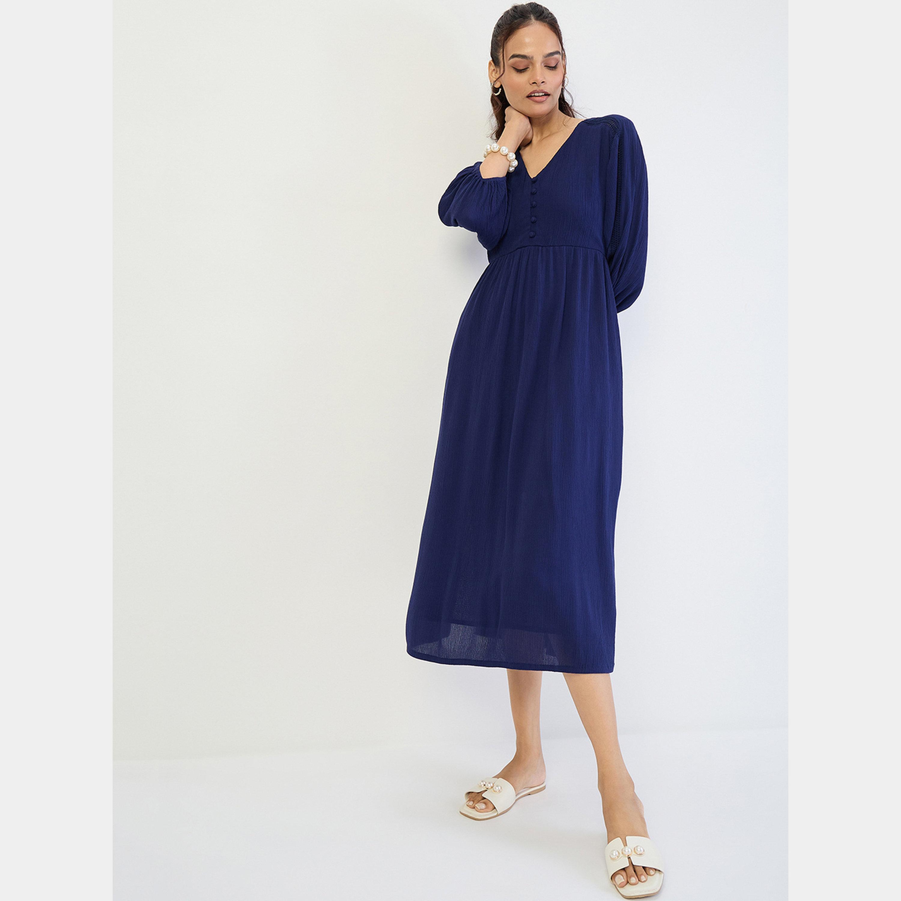 فيميلا - فستان متوسط الطول نسائي أزرق داكن رقبة حرف V وأكمام 3/4-women-clothing-dresses-image-2