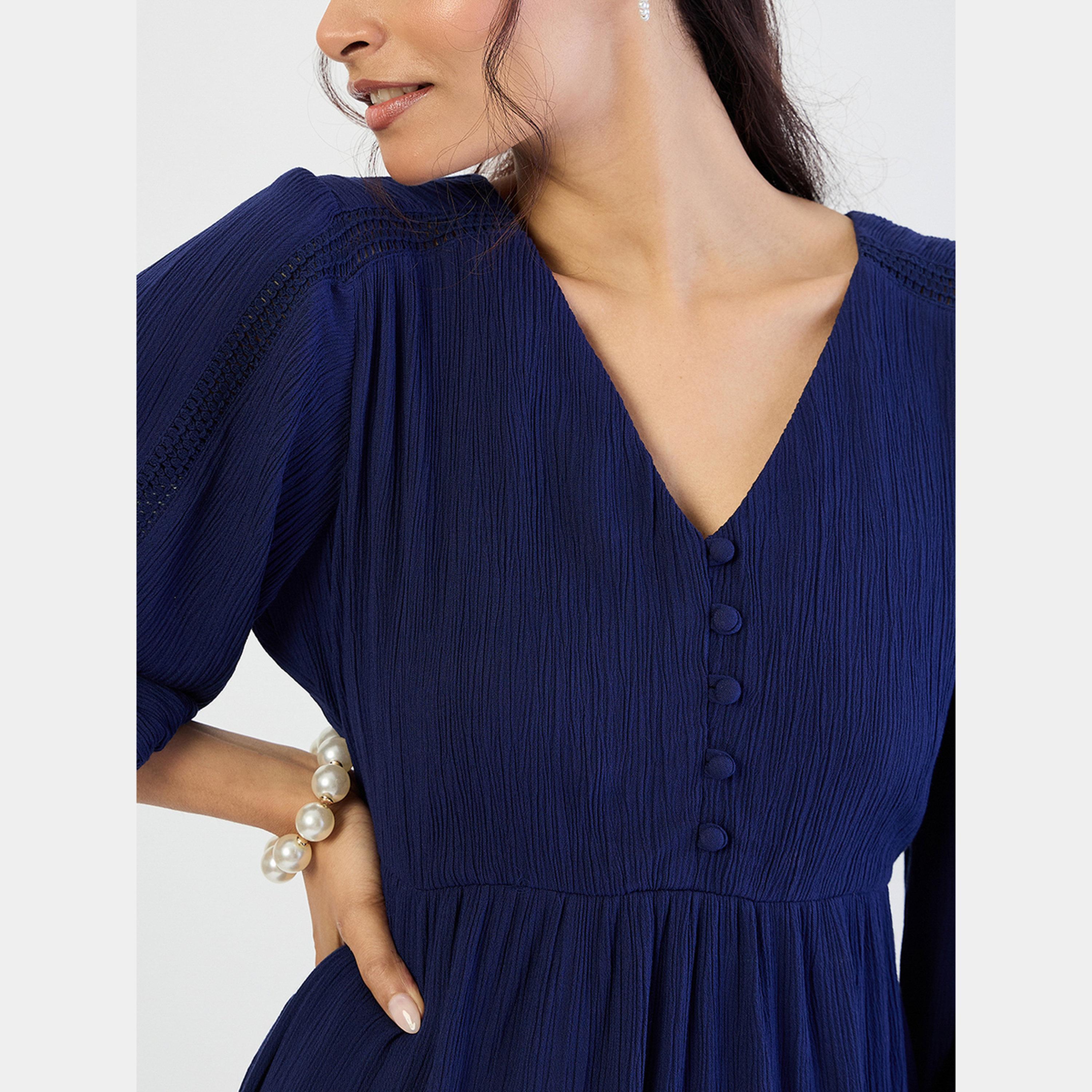 فيميلا - فستان متوسط الطول نسائي أزرق داكن رقبة حرف V وأكمام 3/4-women-clothing-dresses-image-4