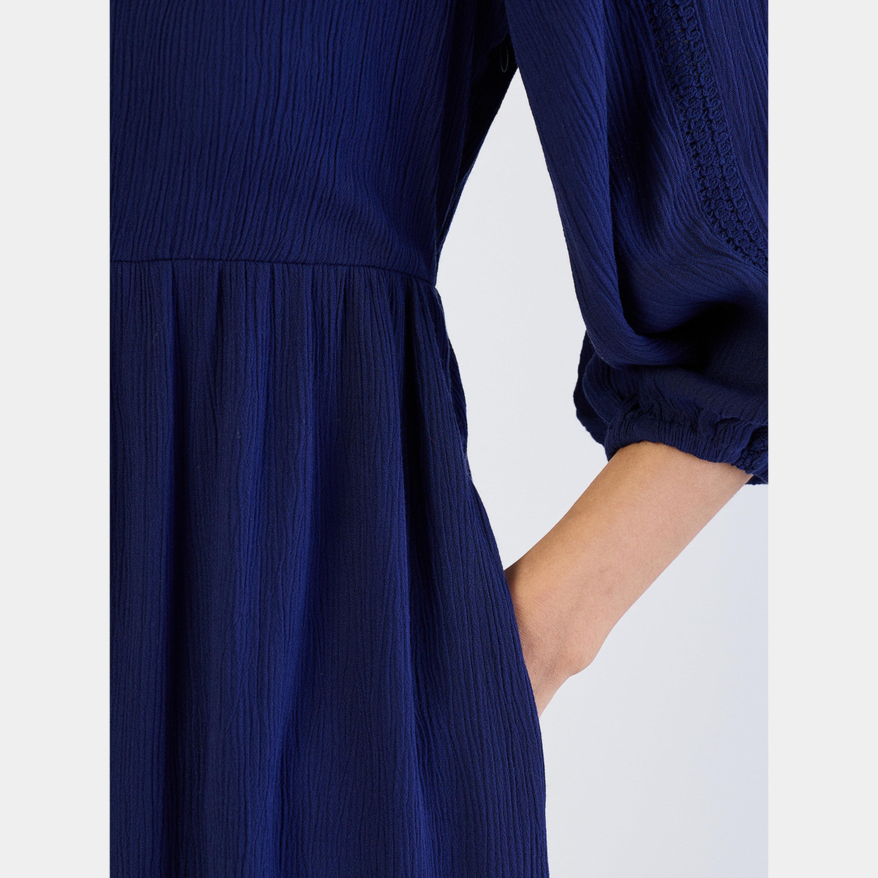 فيميلا - فستان متوسط الطول نسائي أزرق داكن رقبة حرف V وأكمام 3/4-women-clothing-dresses-image-5