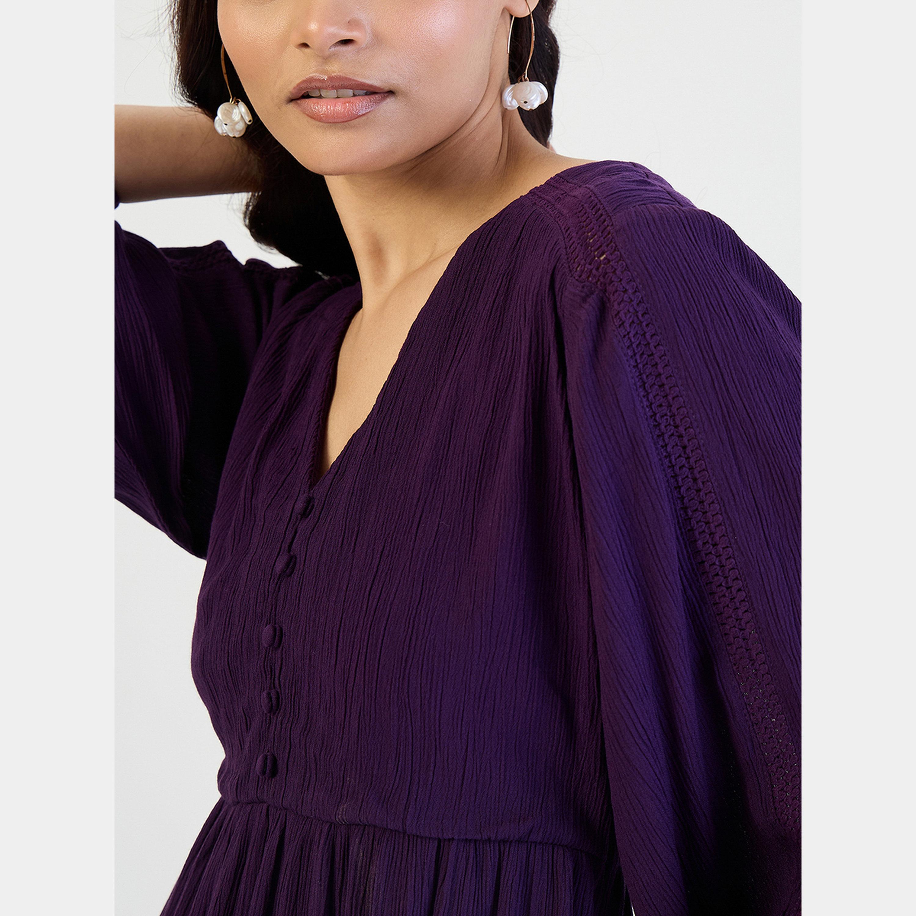 Femmella Deep Purple Crinkled Lace Detail V-Neck 3/4 Sleeves Women's Midi Dress-women-clothing-dresses-image-3
