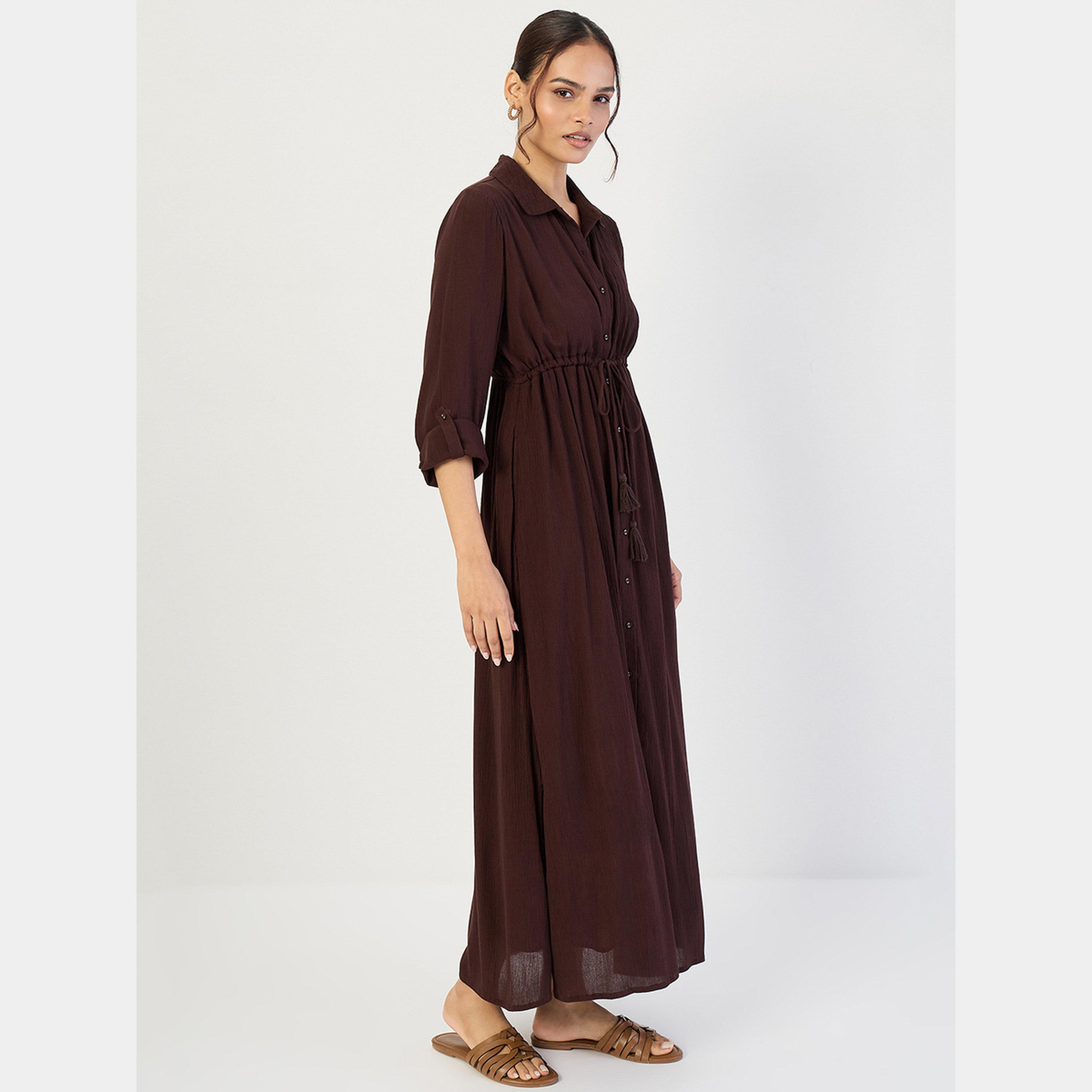 Femmella Coffee Crinkled Collared 3/4 Sleeves Women's A-line Buttoned Maxi Dress-women-clothing-dresses-image-2
