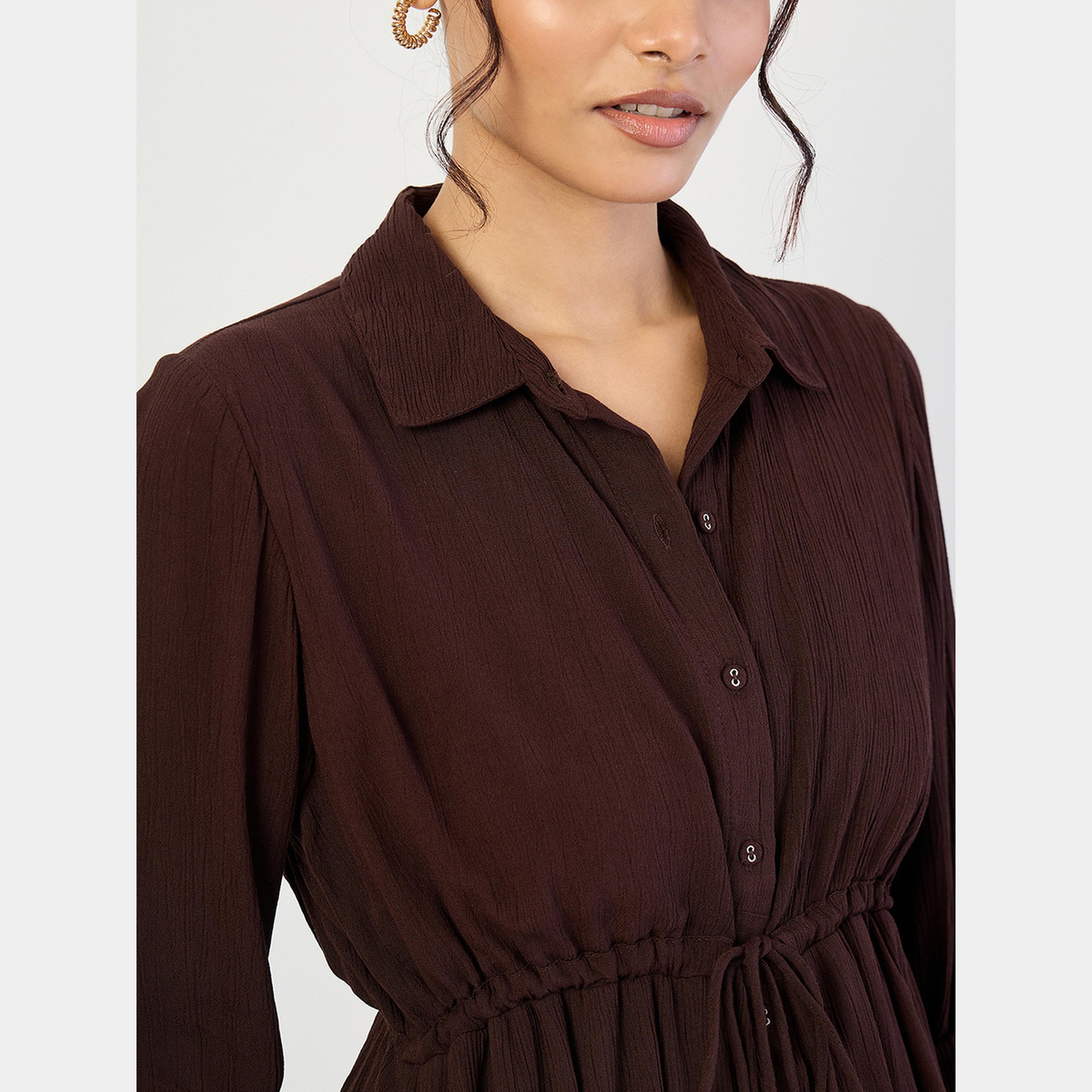 فيميلا - فستان ماكسي نسائي بأكمام 3/4 وياقة مجعدة لون القهوة-women-clothing-dresses-image-4