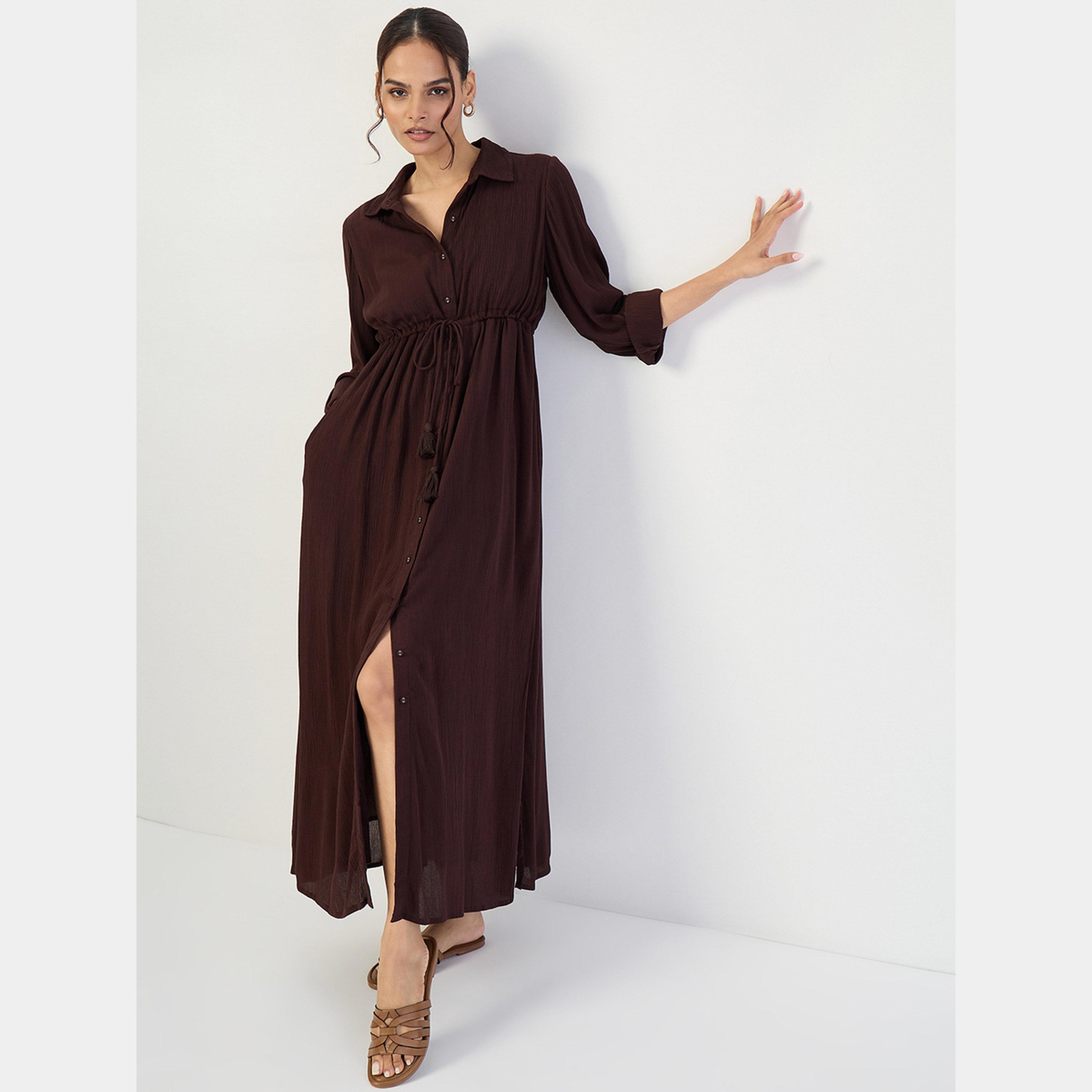 Femmella Coffee Crinkled Collared 3/4 Sleeves Women's A-line Buttoned Maxi Dress-women-clothing-dresses-image-6