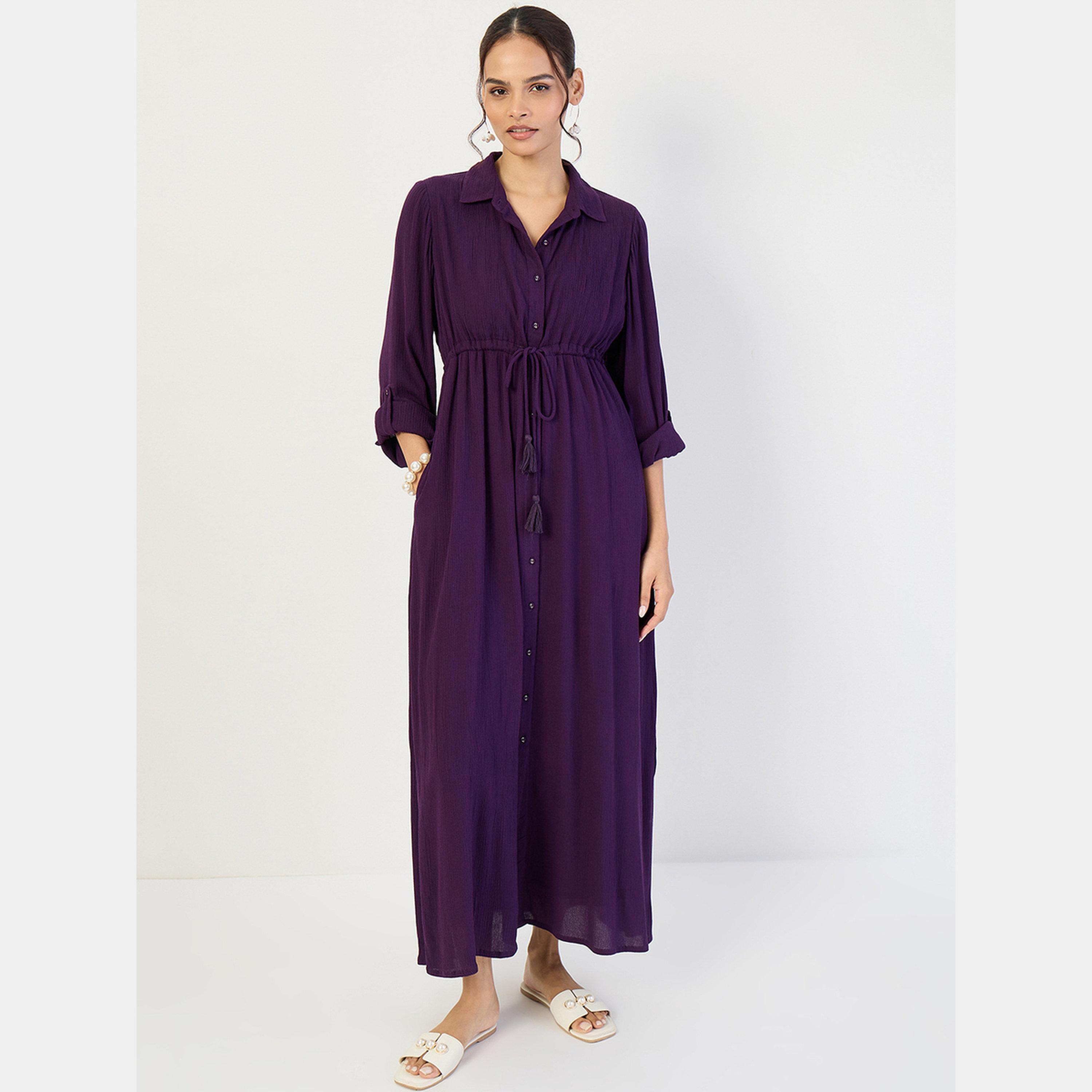 Femmella Navy Blue Collared Cuffed Sleeves Women's Front Zip Up Denim Midi Dress-women-clothing-dresses-image-1
