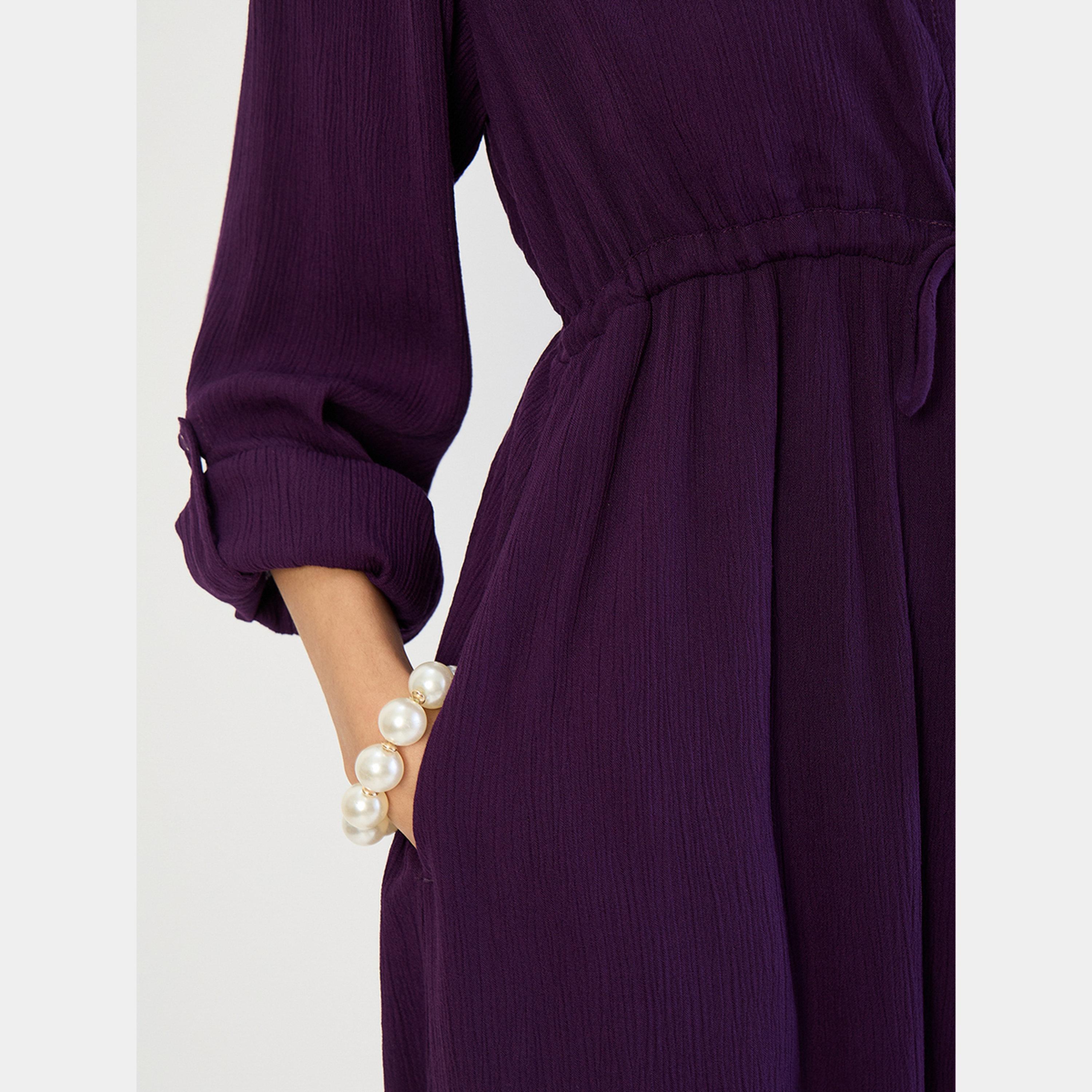 Femmella Navy Blue Collared Cuffed Sleeves Women's Front Zip Up Denim Midi Dress-women-clothing-dresses-image-2