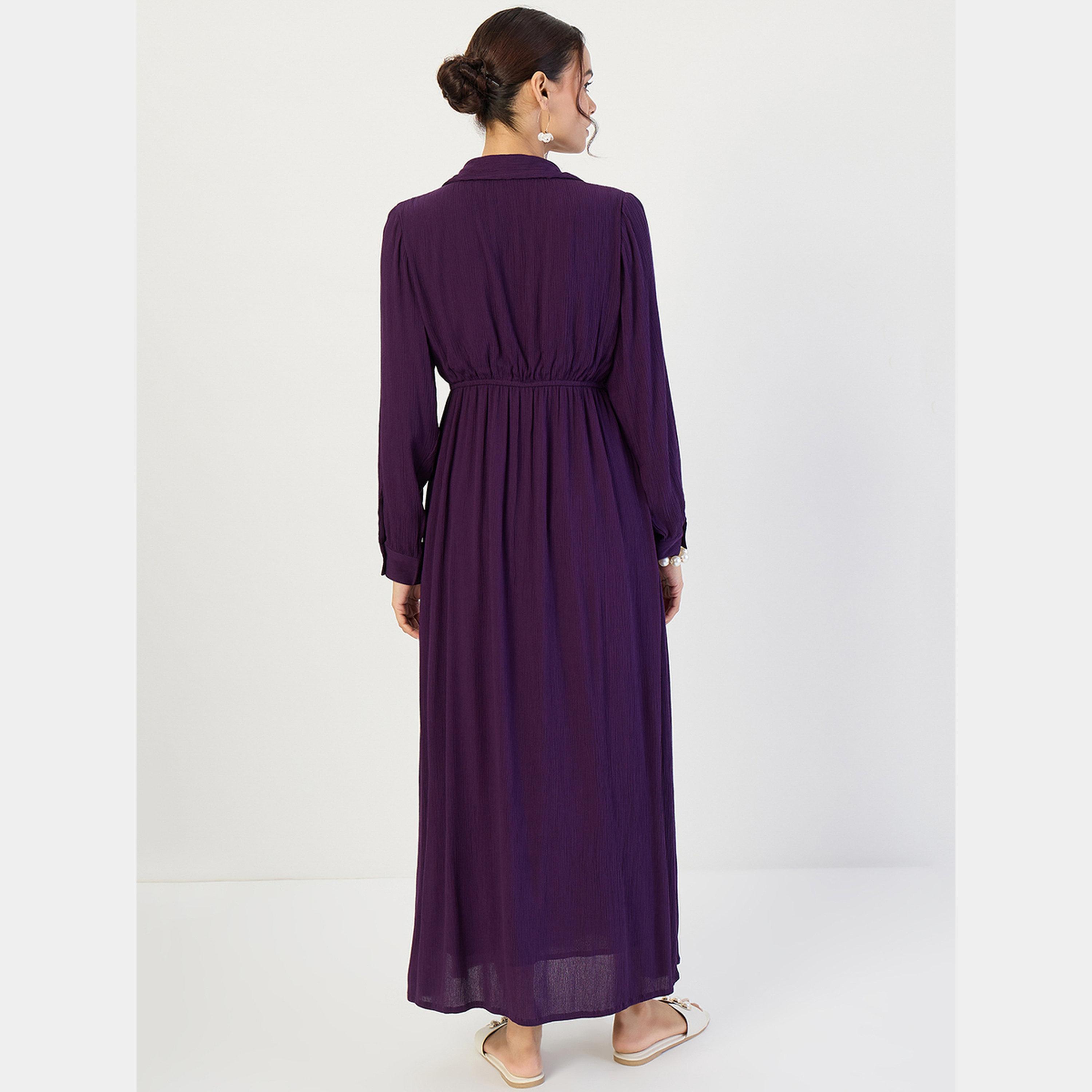 Femmella Navy Blue Collared Cuffed Sleeves Women's Front Zip Up Denim Midi Dress-women-clothing-dresses-image-3