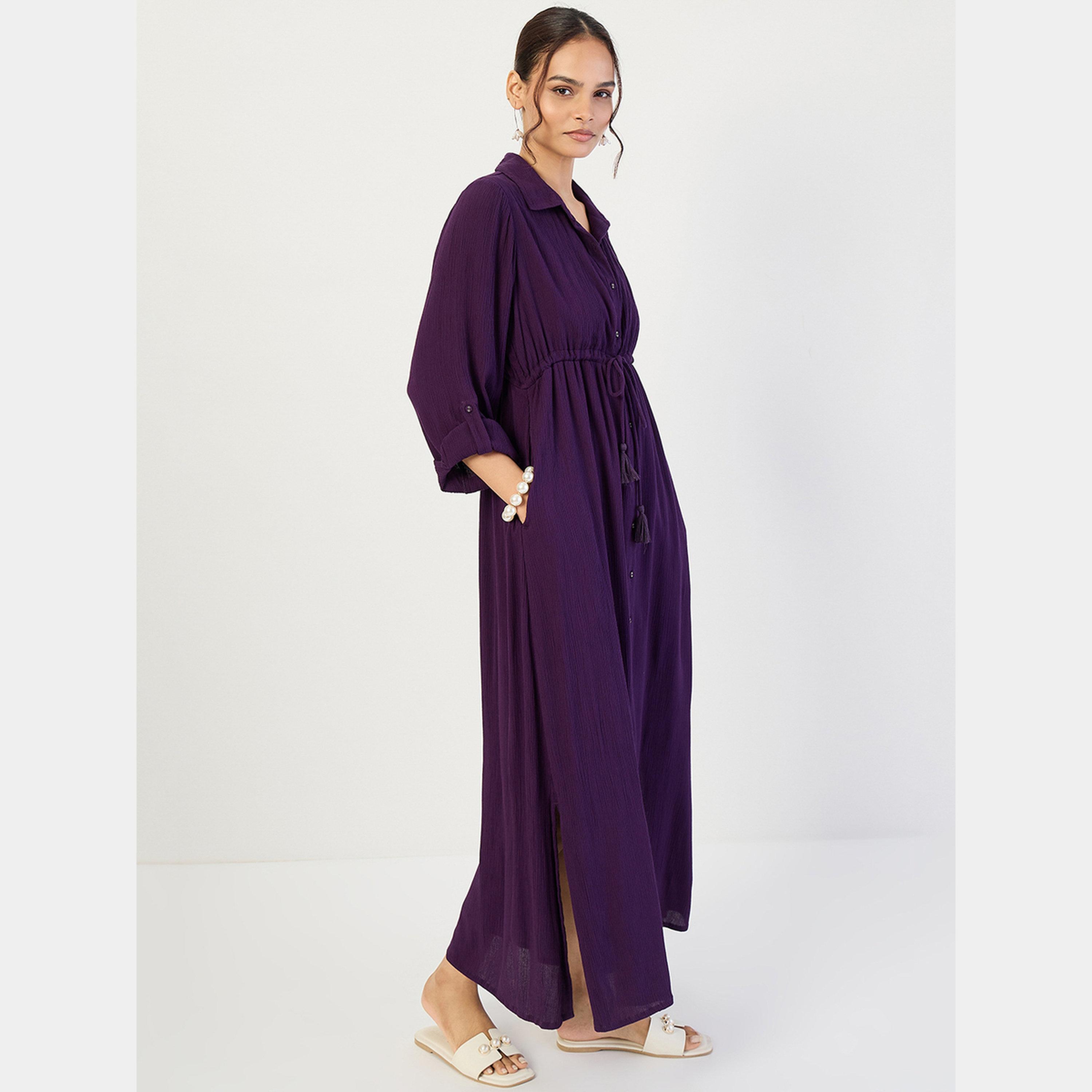 Femmella Navy Blue Collared Cuffed Sleeves Women's Front Zip Up Denim Midi Dress-women-clothing-dresses-image-4