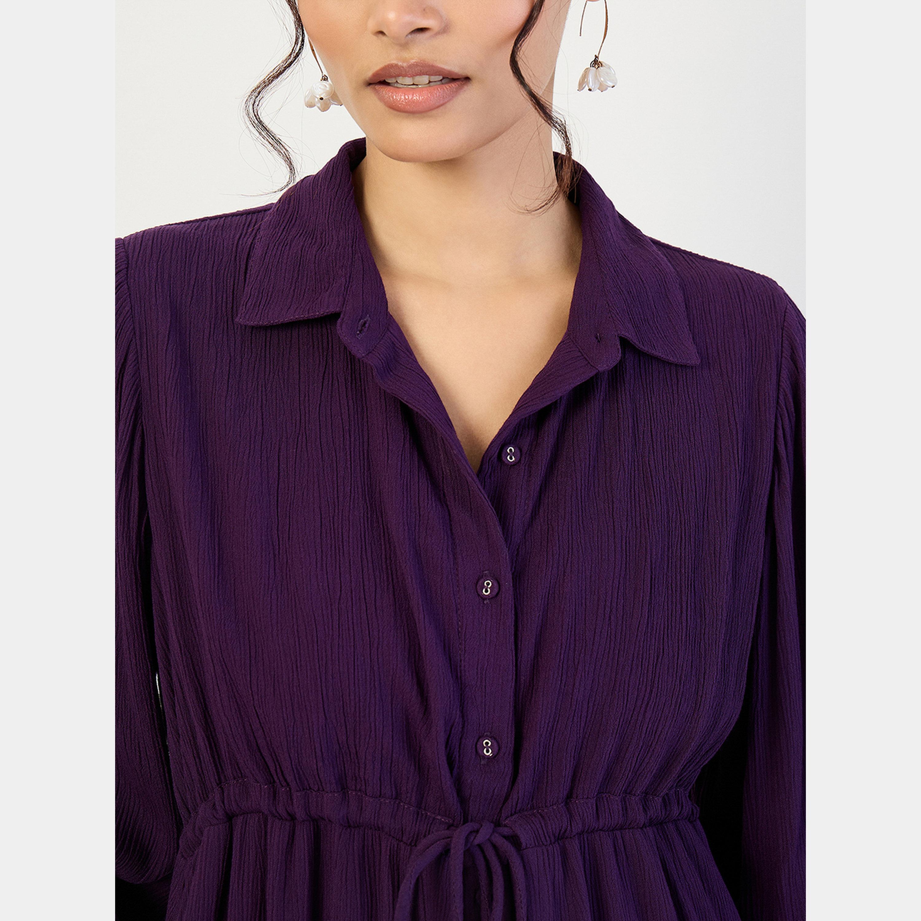 Femmella Navy Blue Collared Cuffed Sleeves Women's Front Zip Up Denim Midi Dress-women-clothing-dresses-image-5
