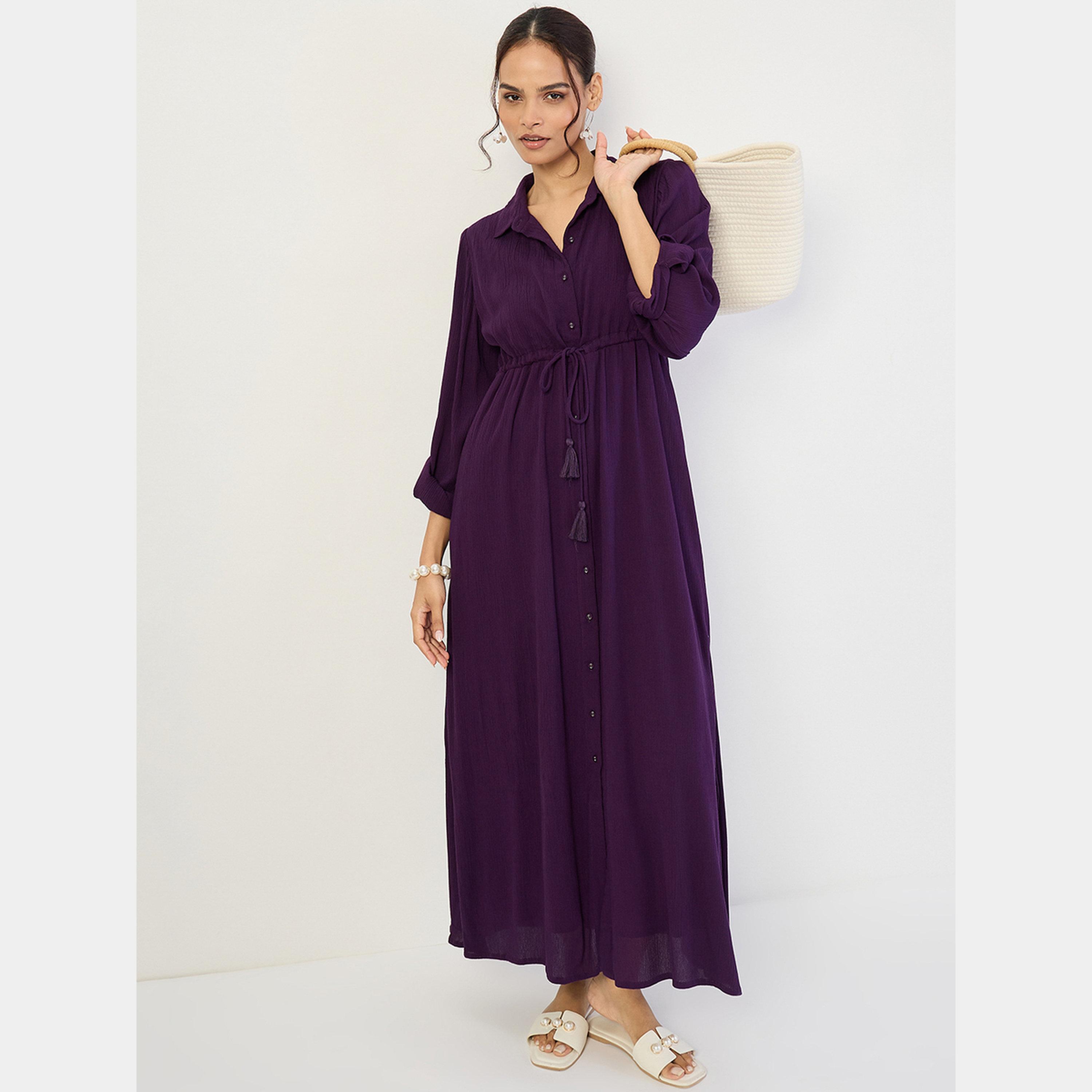 Femmella Navy Blue Collared Cuffed Sleeves Women's Front Zip Up Denim Midi Dress-women-clothing-dresses-image-6
