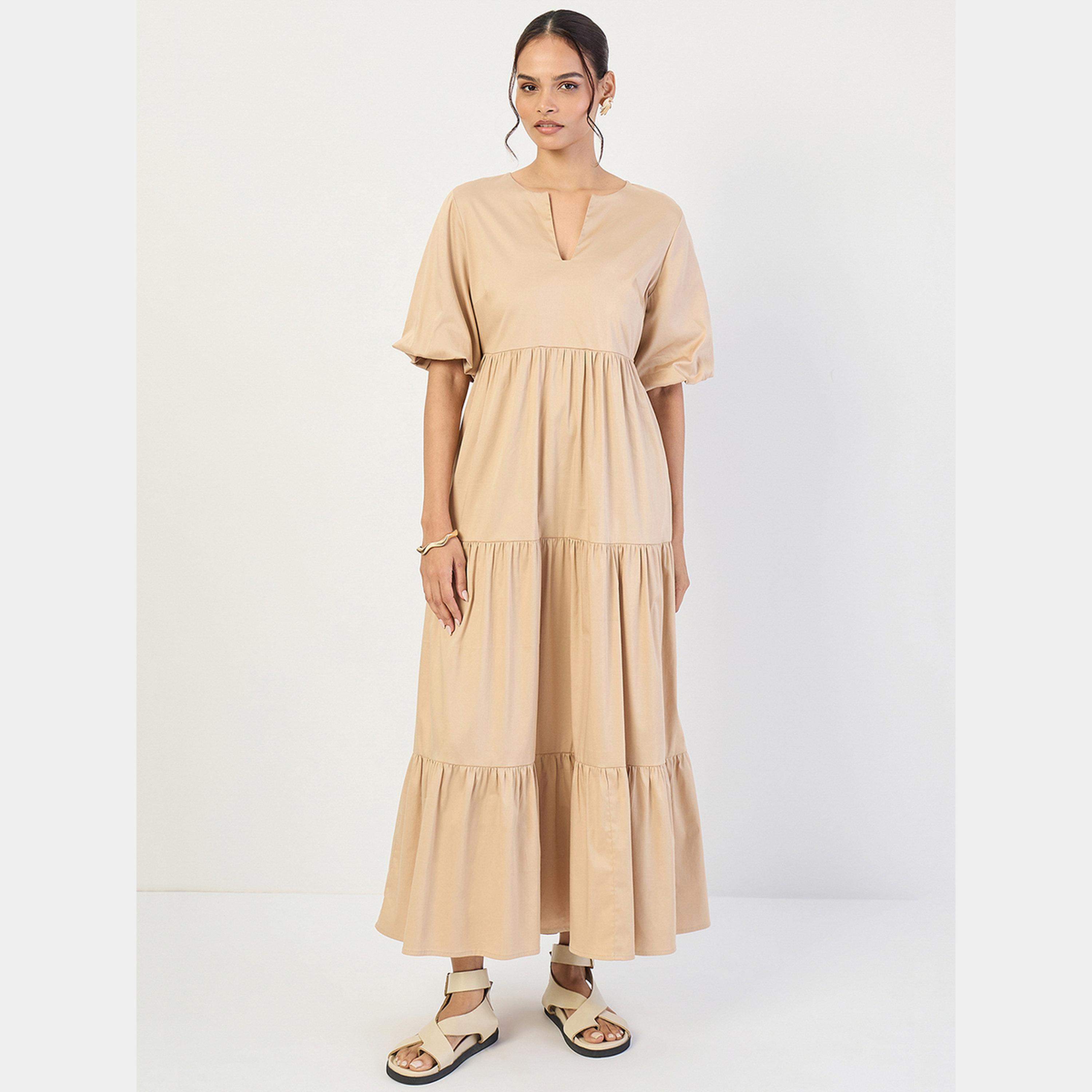 Femmella Beige Solid V-Neck Puff Sleeves Women's Cotton Tiered Maxi Dress-women-clothing-dresses-image-1